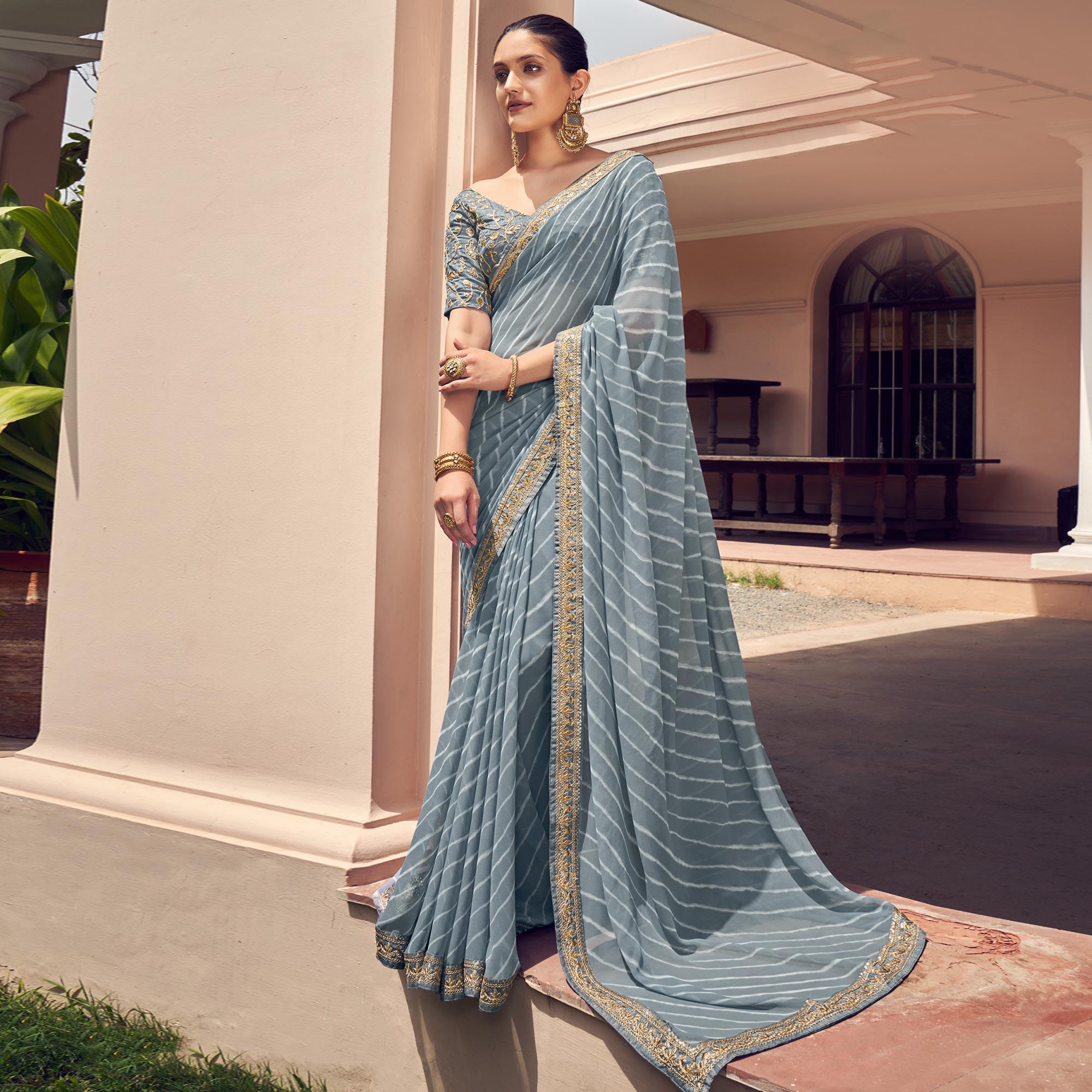 Grey Striped Printed Georgette Saree - Peachmode
