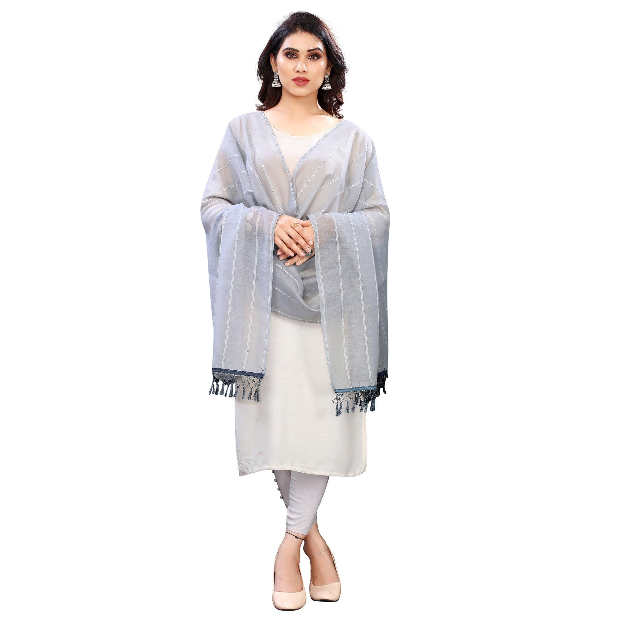 Grey Stripes Woven Sequence Festive Wear Cotton Silk Dupatta - Peachmode