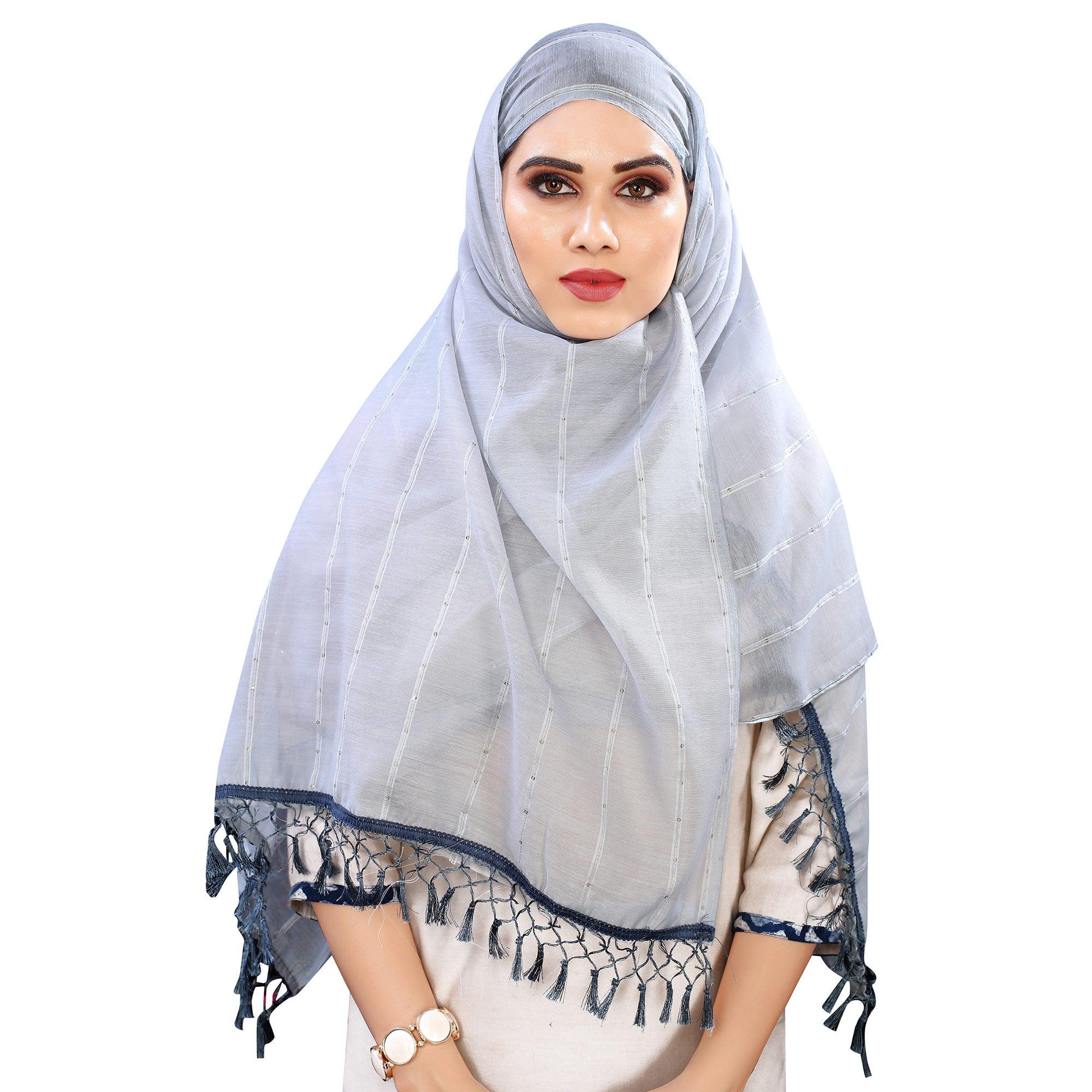 Grey Stripes Woven Sequence Festive Wear Cotton Silk Dupatta - Peachmode