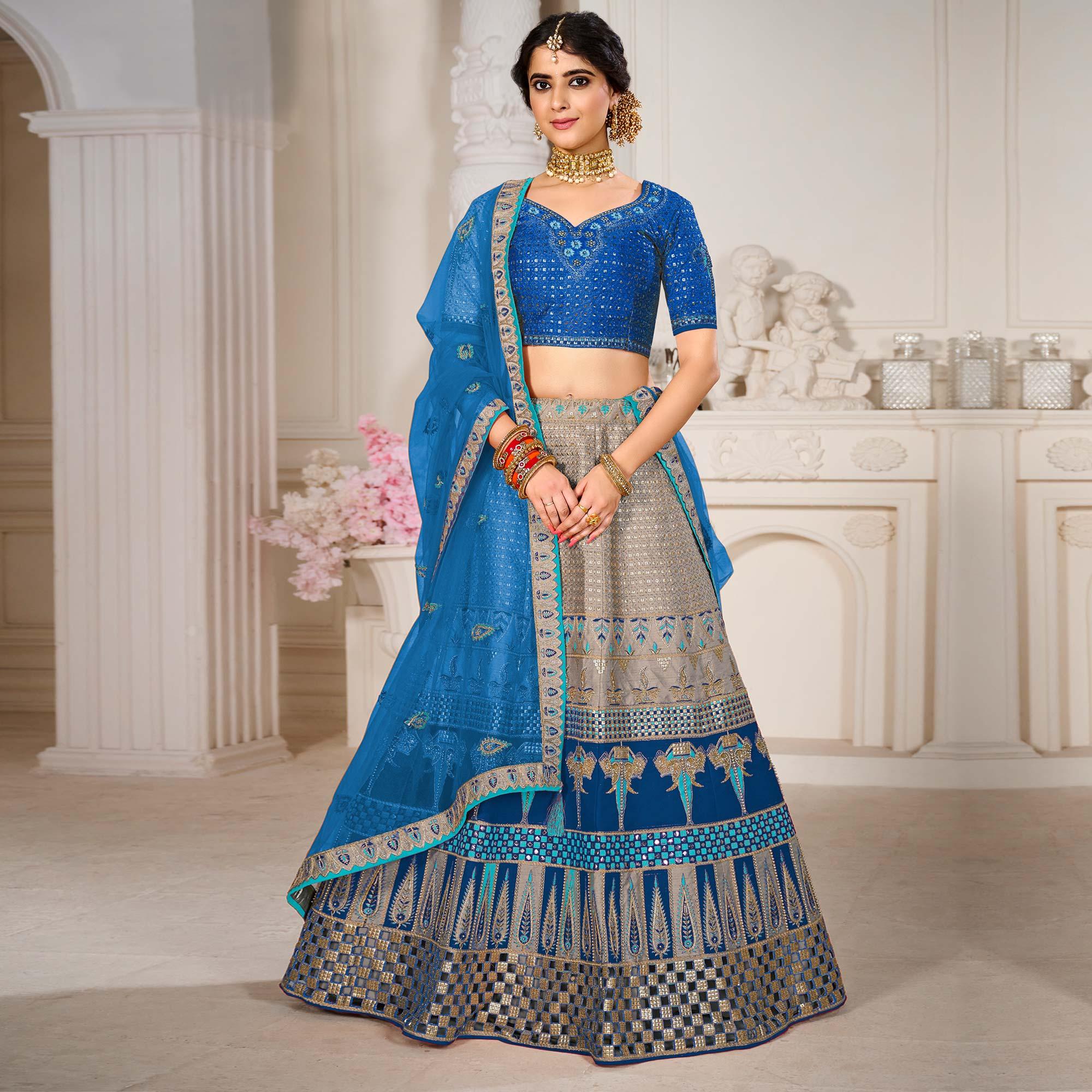 Grey Wedding Wear Embroidered Silk Lehenga Choli - Peachmode