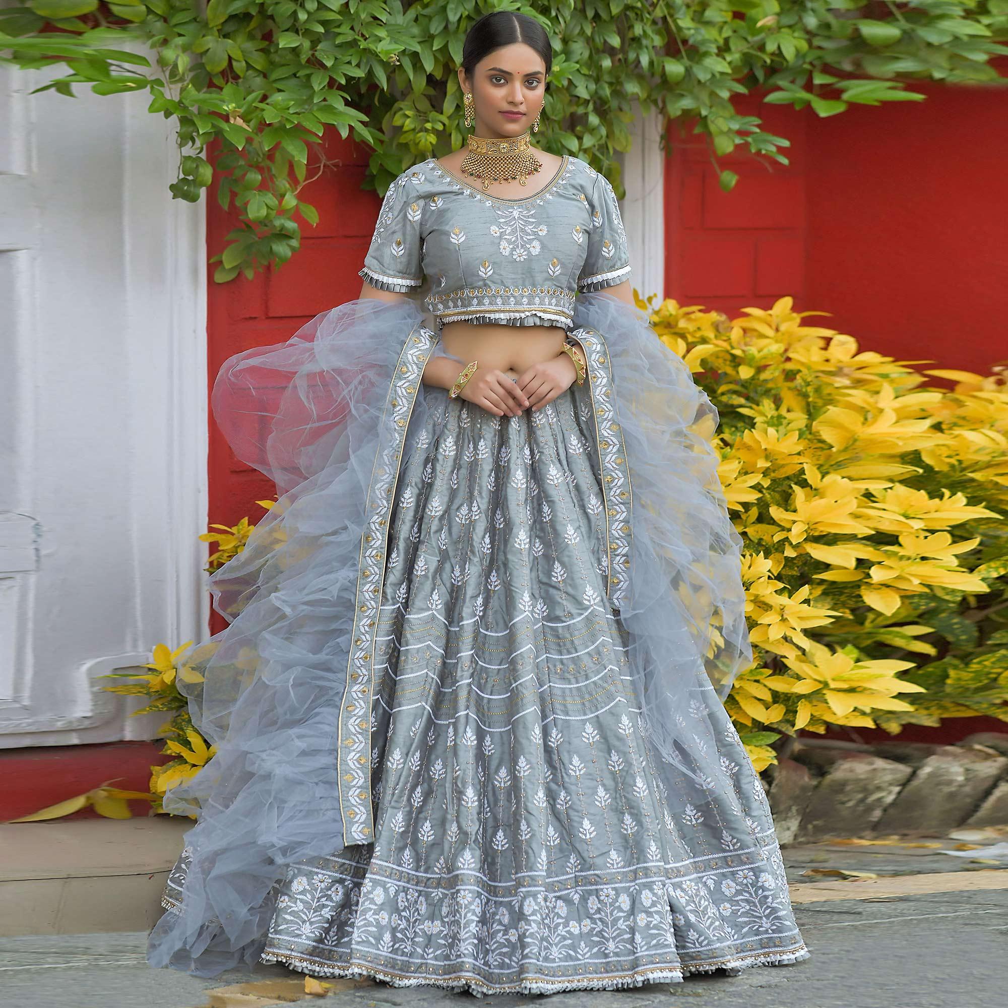 Grey Wedding Wear Floral Embroidery & Resham Work Silk Lehenga Choli - Peachmode