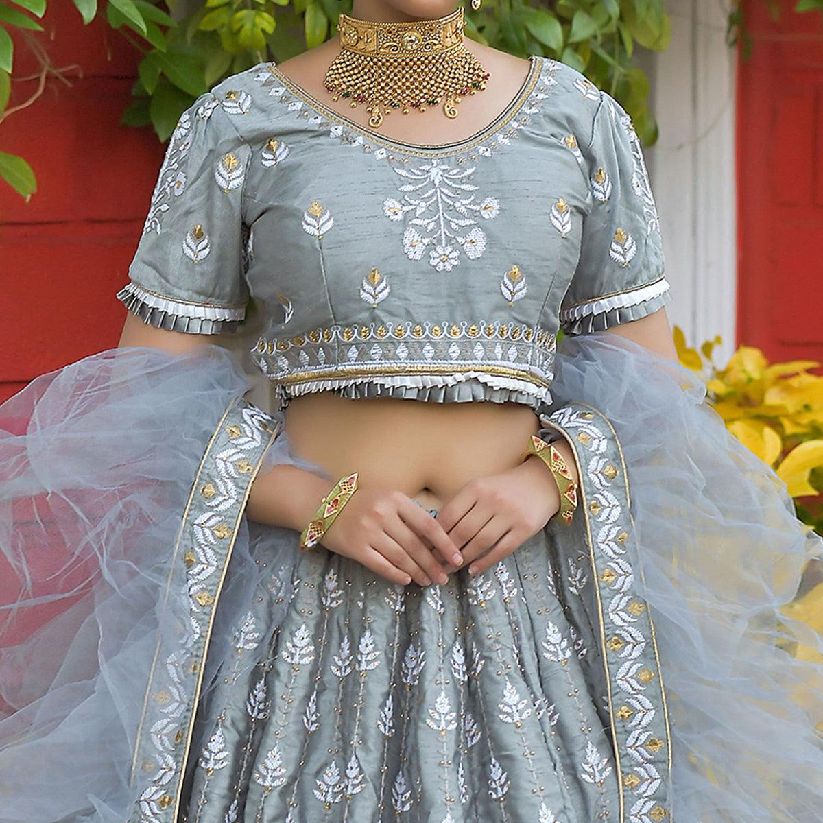 Grey Wedding Wear Floral Embroidery & Resham Work Silk Lehenga Choli - Peachmode