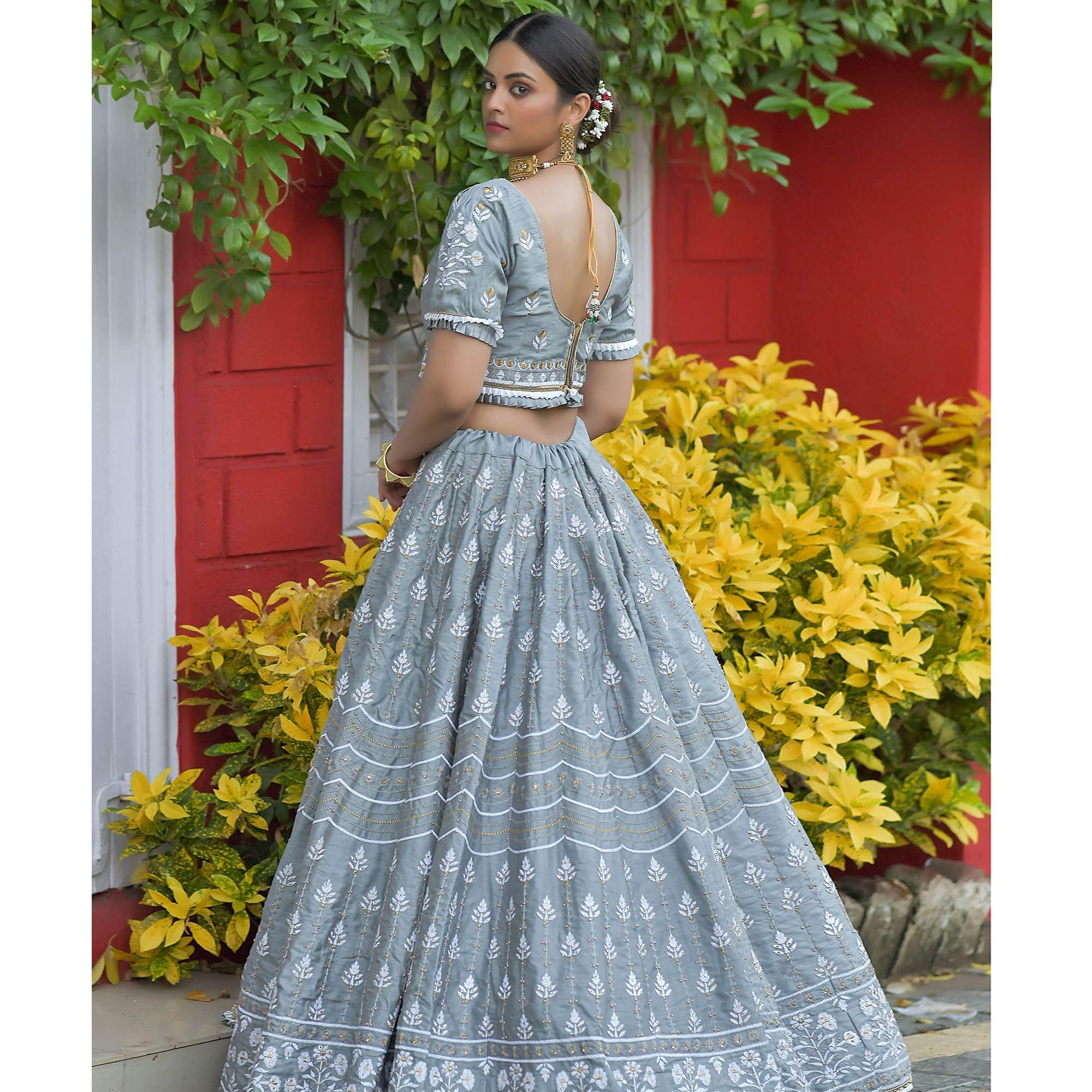 Grey Wedding Wear Floral Embroidery & Resham Work Silk Lehenga Choli - Peachmode