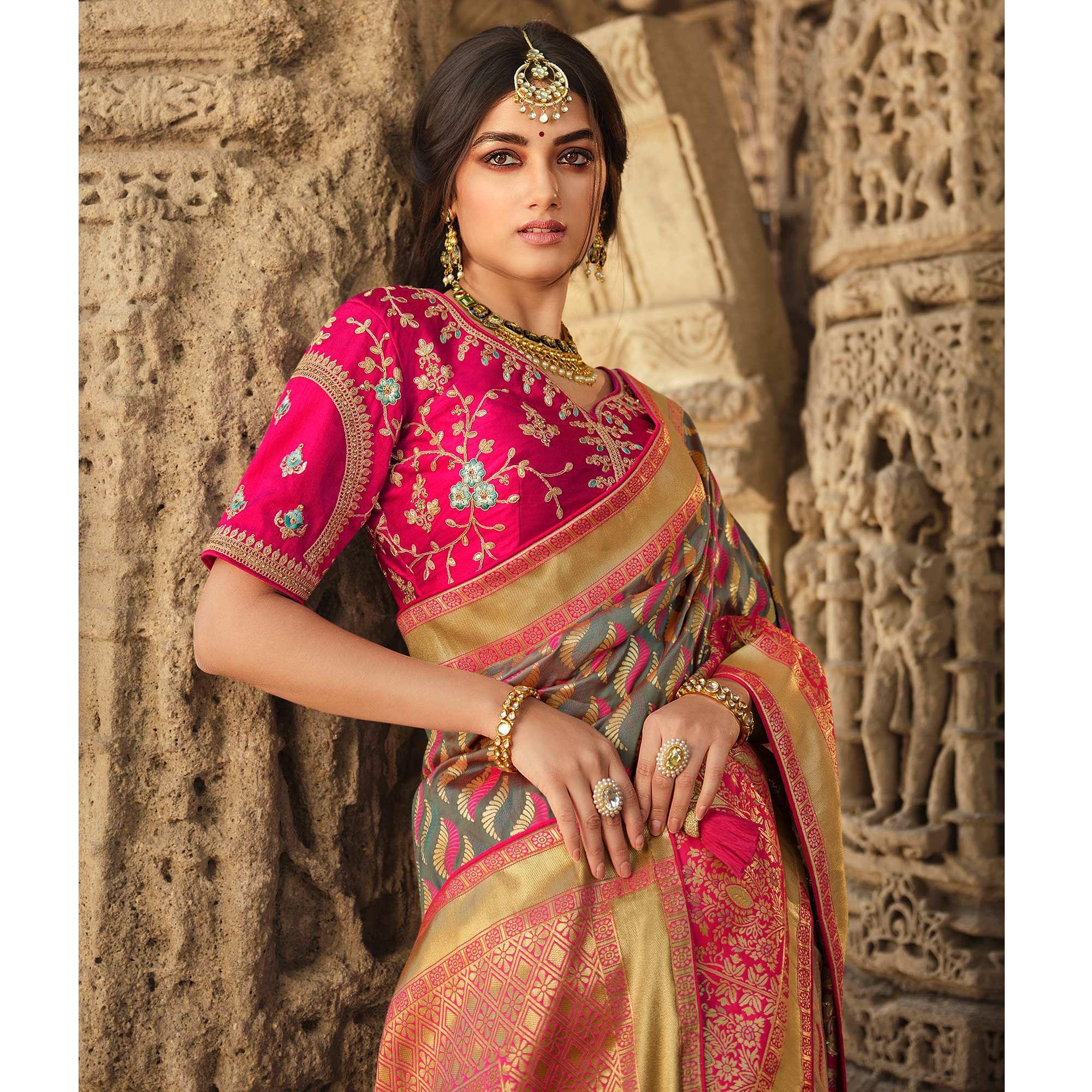 Grey Wedding Wear Woven Silk Saree With Tassels - Peachmode