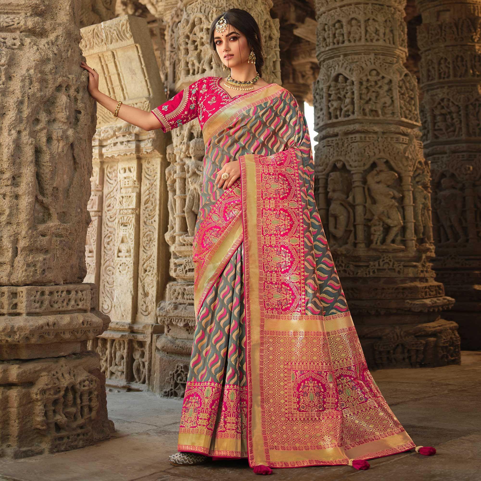 Grey Wedding Wear Woven Silk Saree With Tassels - Peachmode