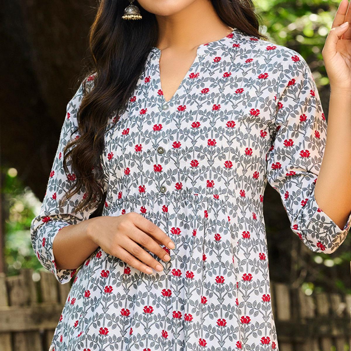 Grey-White Casual Wear Floral Printed Pure Cotton Kurti - Peachmode