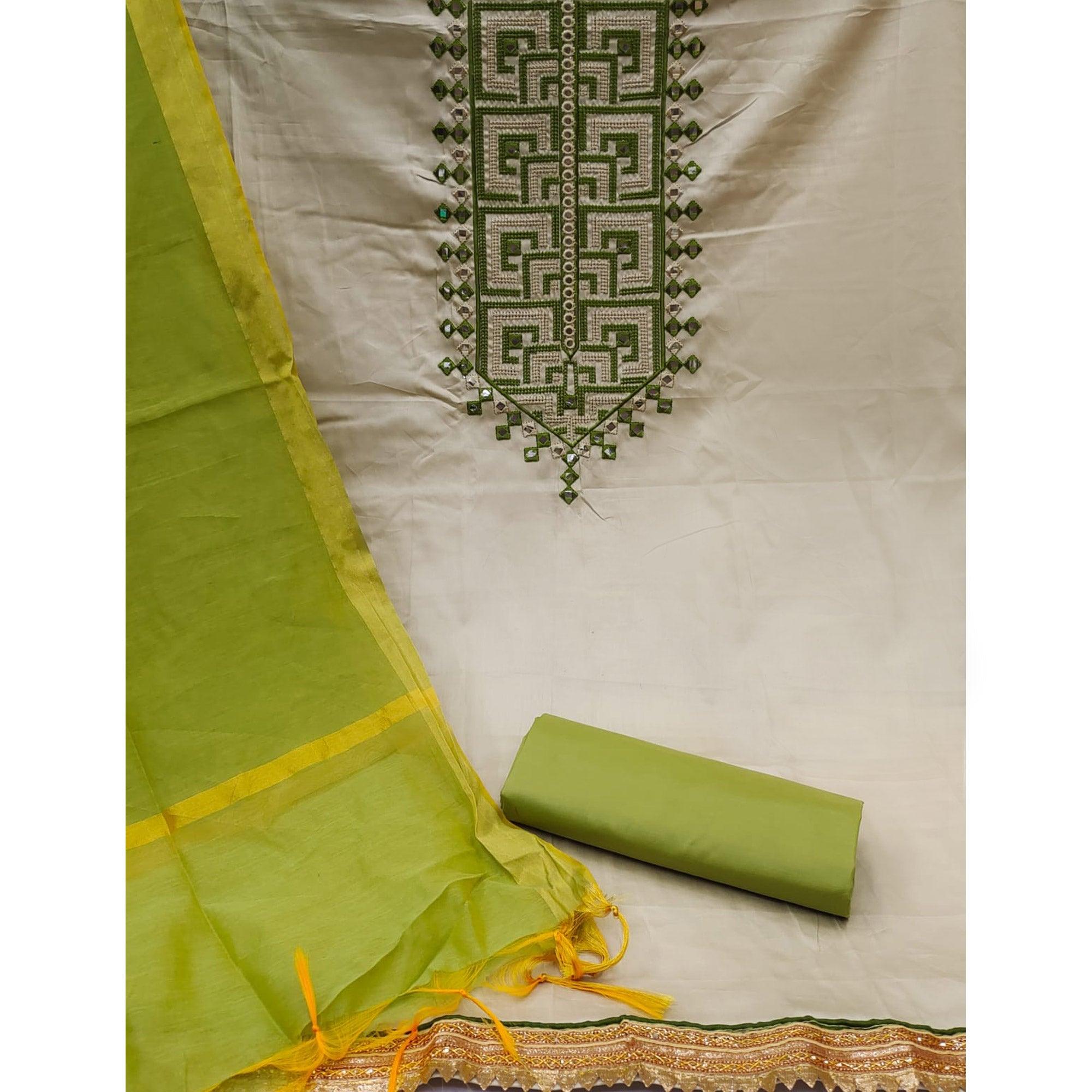 Grey With Green Embroidered Poly Cotton Dress Material - Peachmode