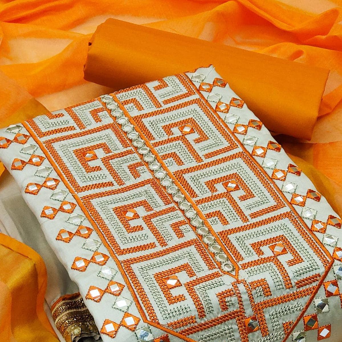 Grey With Orange Embroidered Poly Cotton Dress Material - Peachmode