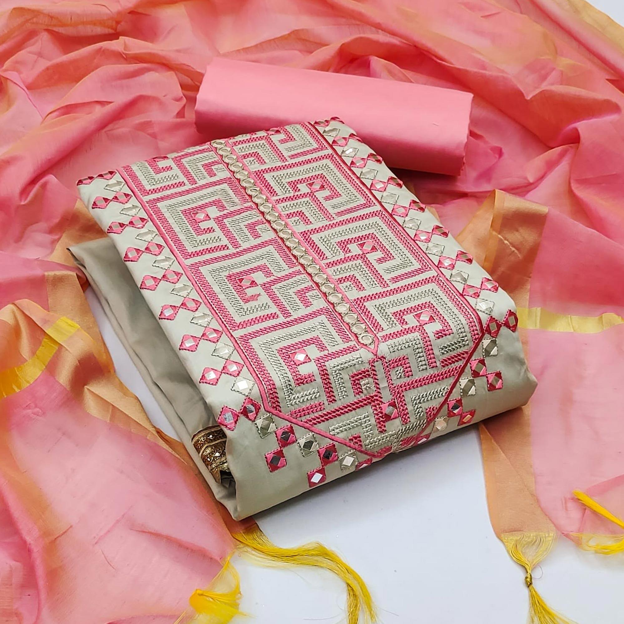 Grey With Pink Embroidered Poly Cotton Dress Material - Peachmode