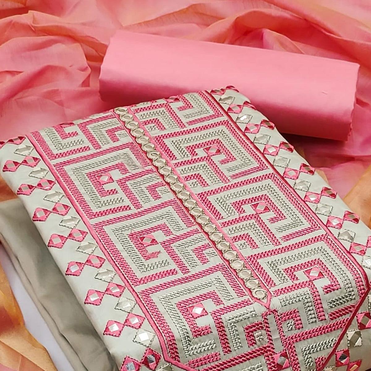 Grey With Pink Embroidered Poly Cotton Dress Material - Peachmode