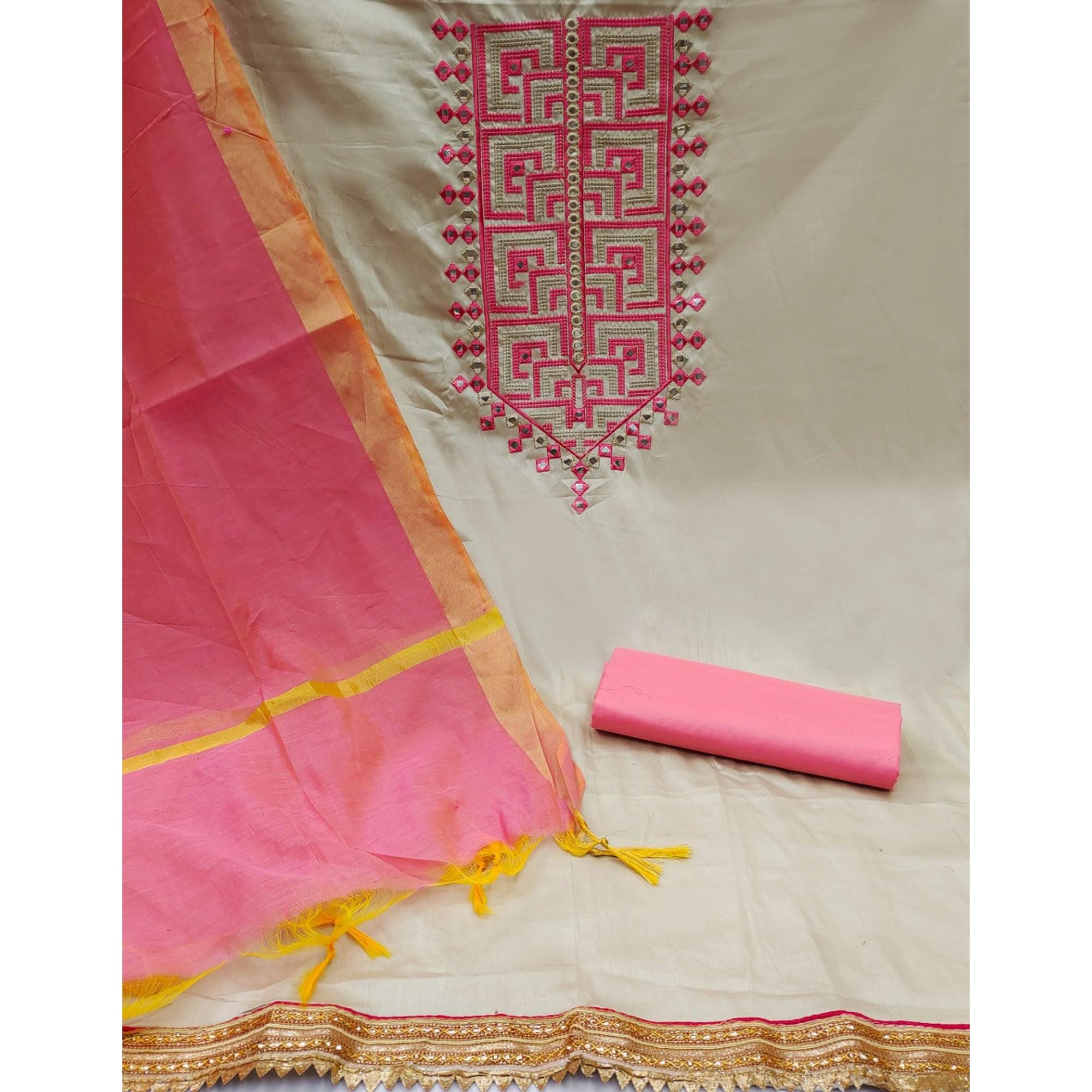 Grey With Pink Embroidered Poly Cotton Dress Material - Peachmode