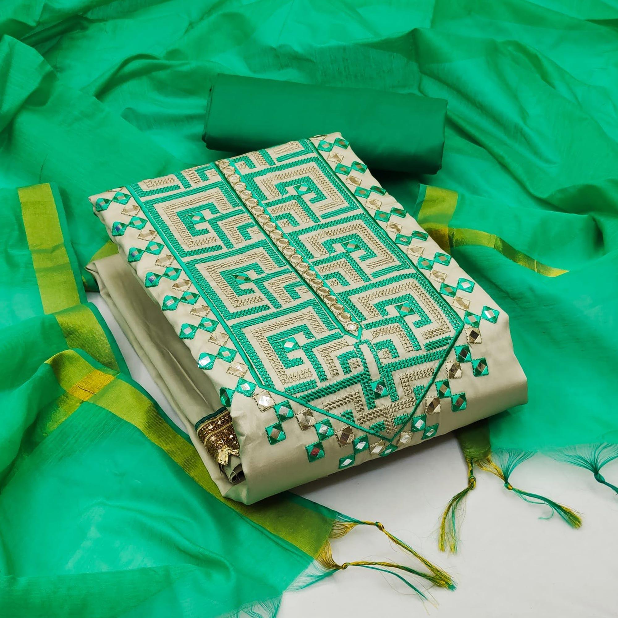 Grey With Rama Green Embroidered Poly Cotton Dress Material - Peachmode