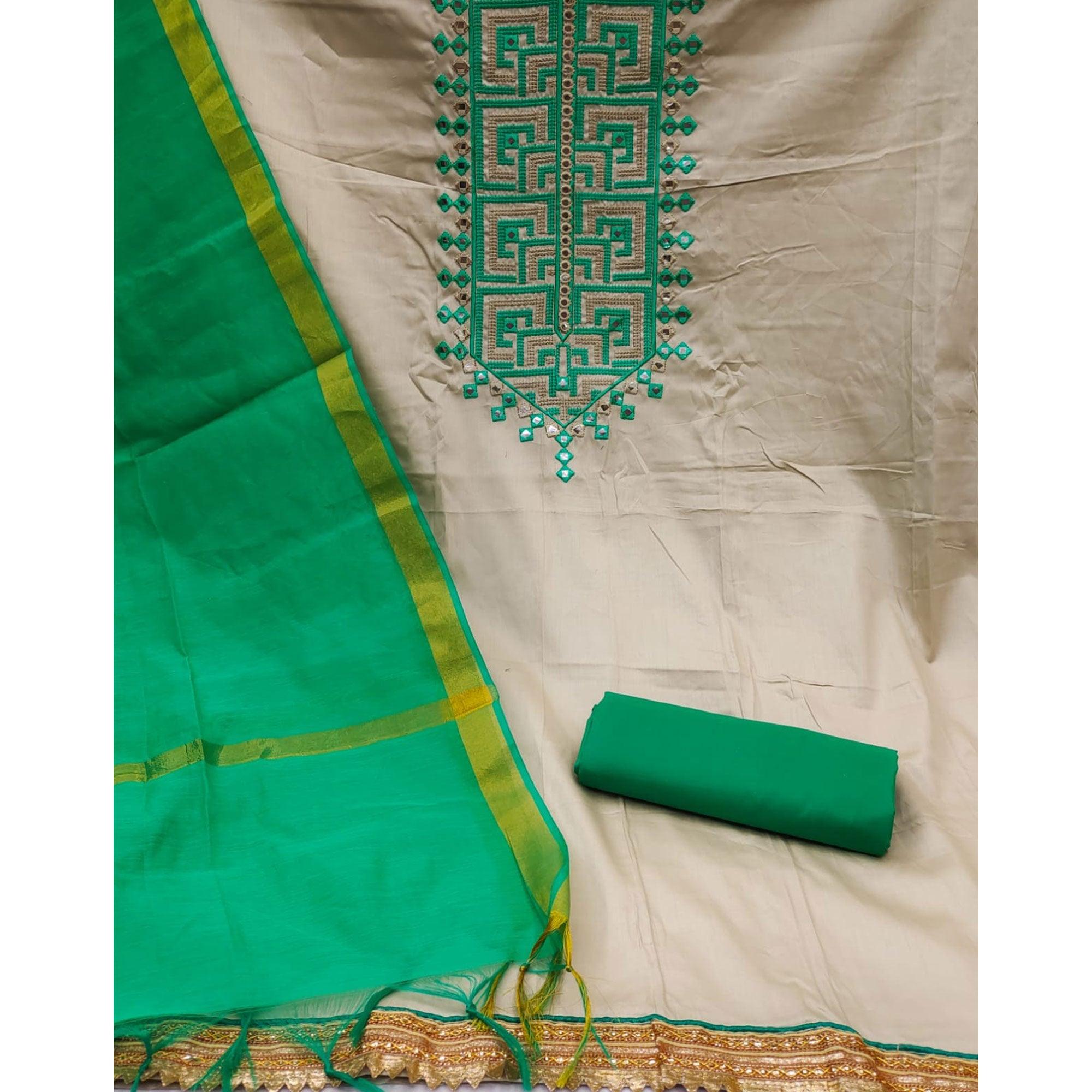 Grey With Rama Green Embroidered Poly Cotton Dress Material - Peachmode