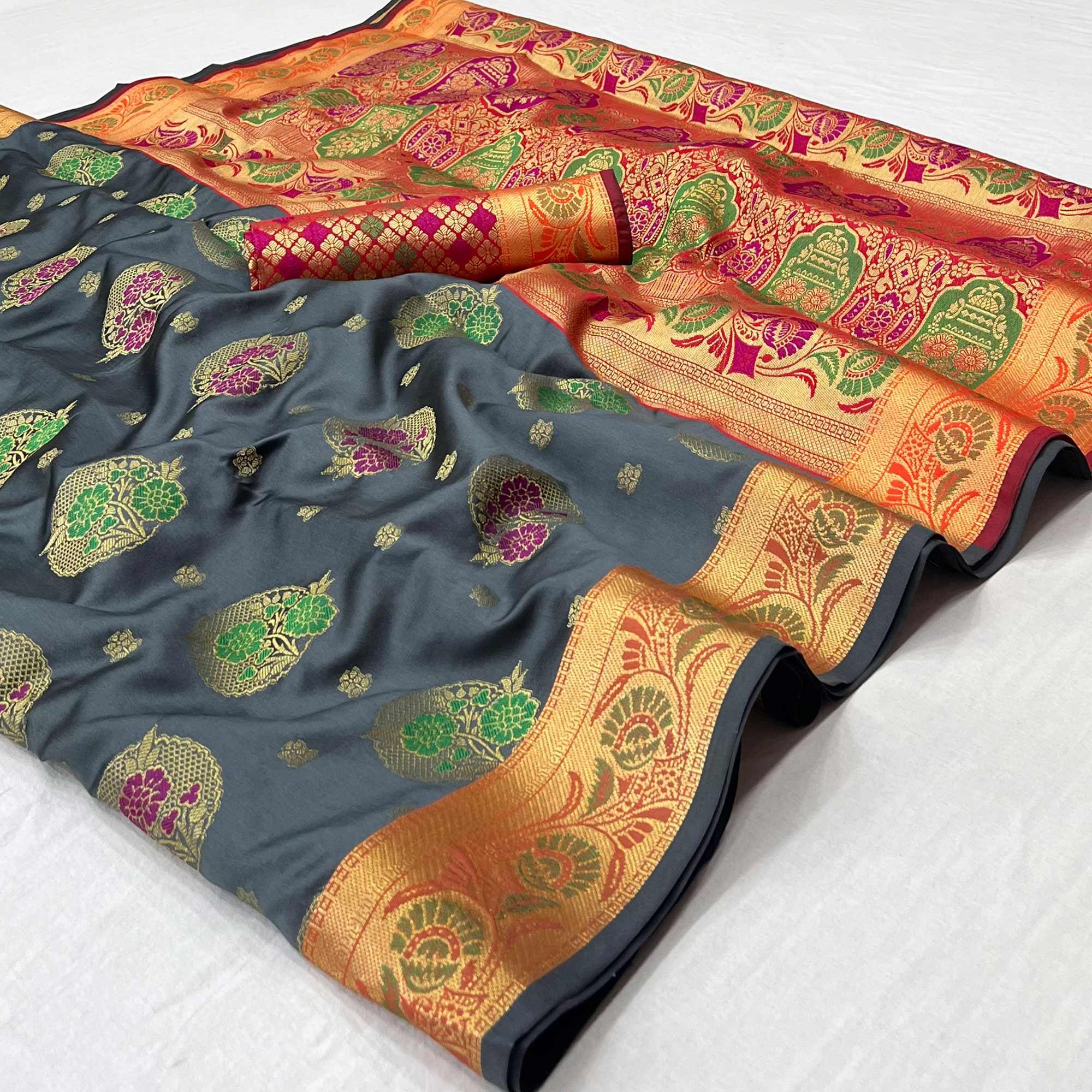 Grey Woven Art Silk Saree - Peachmode