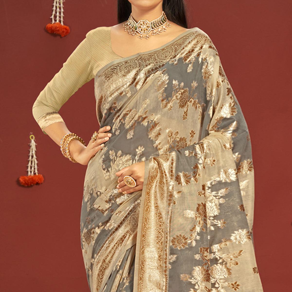 Grey Woven Art Silk Saree - Peachmode