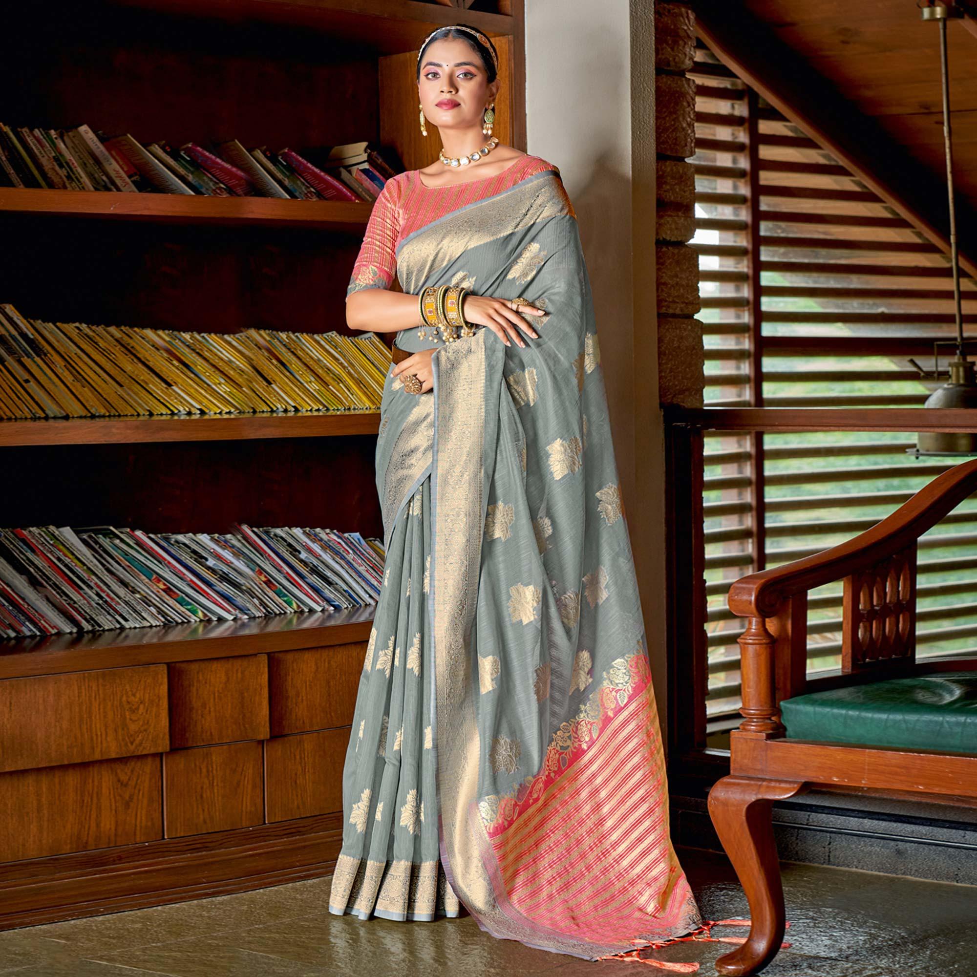 Grey Woven Art Silk Saree With Tassels - Peachmode