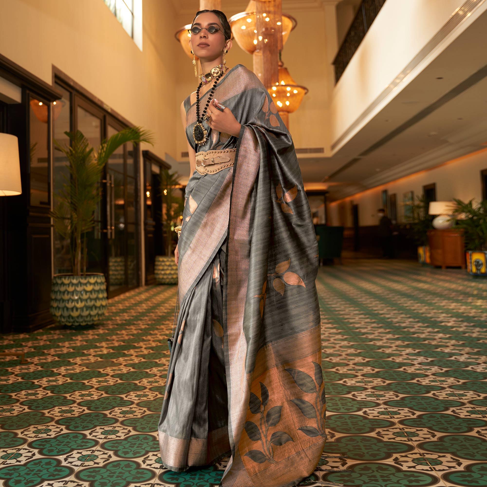 Grey Woven Art Silk Saree With Tassels - Peachmode