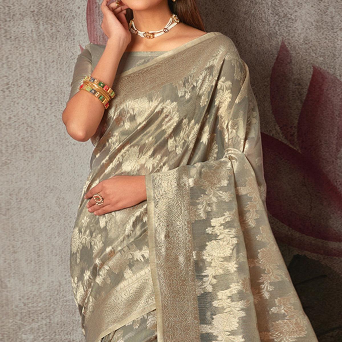 Grey Woven Art Silk Saree With Tassels - Peachmode