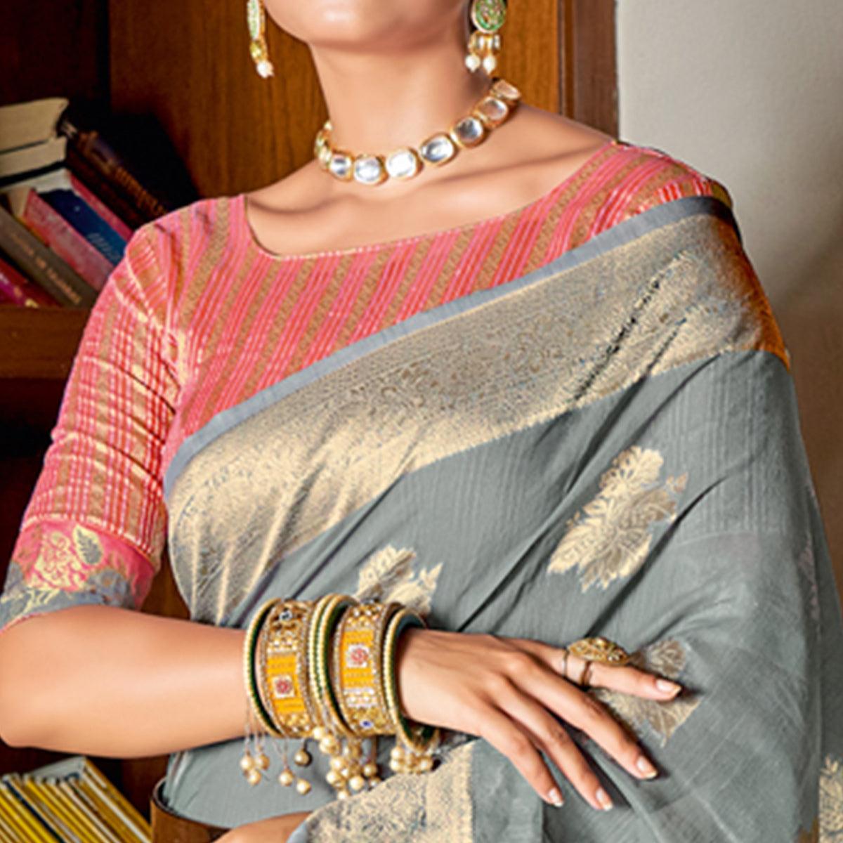 Grey Woven Art Silk Saree With Tassels - Peachmode