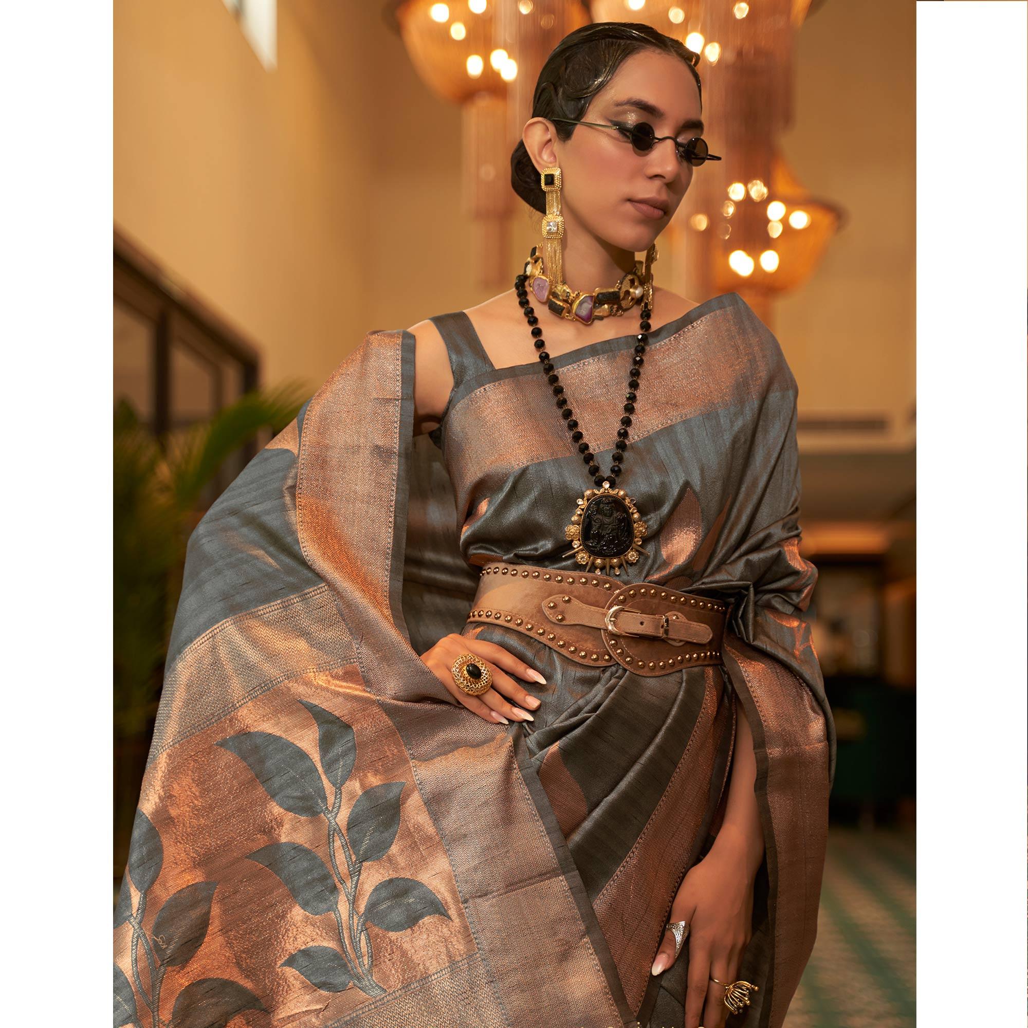 Grey Woven Art Silk Saree With Tassels - Peachmode