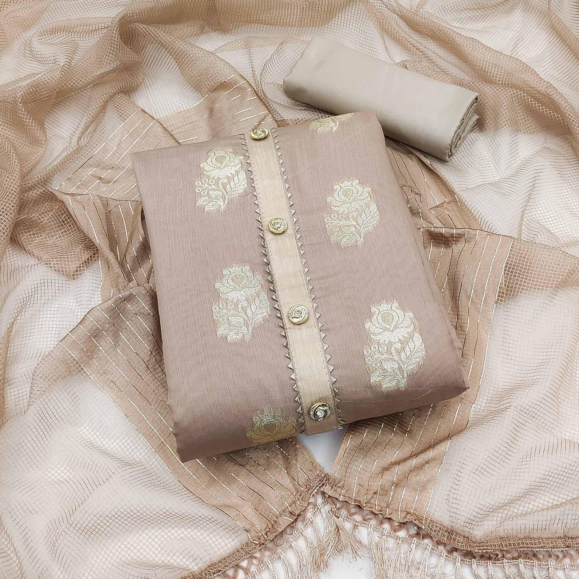 Grey Woven Banarasi Silk Dress Material - Peachmode