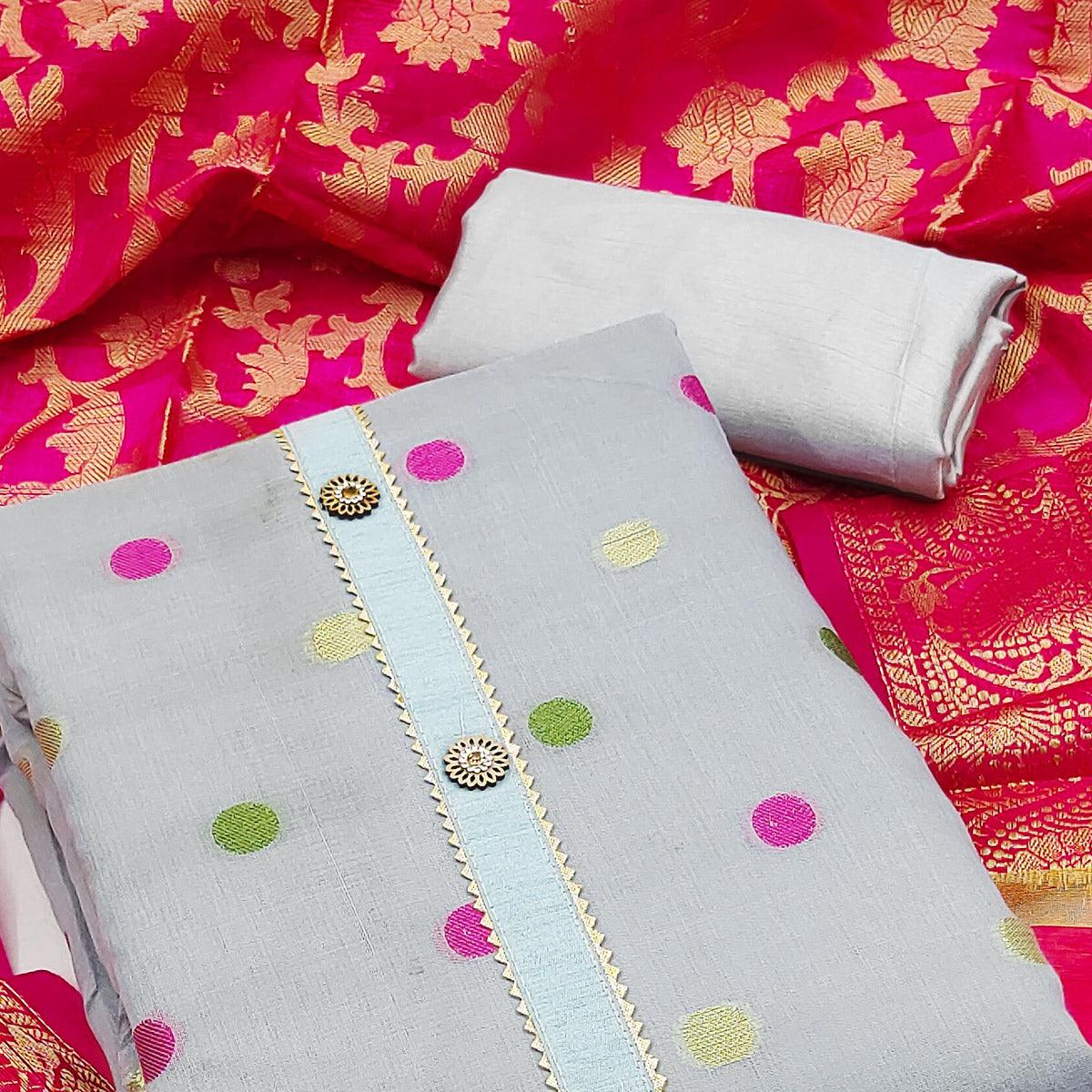 Grey Woven Banarasi Silk Dress Material - Peachmode