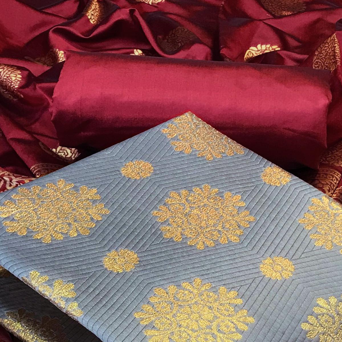 Grey Woven Banarasi Silk Dress Material - Peachmode