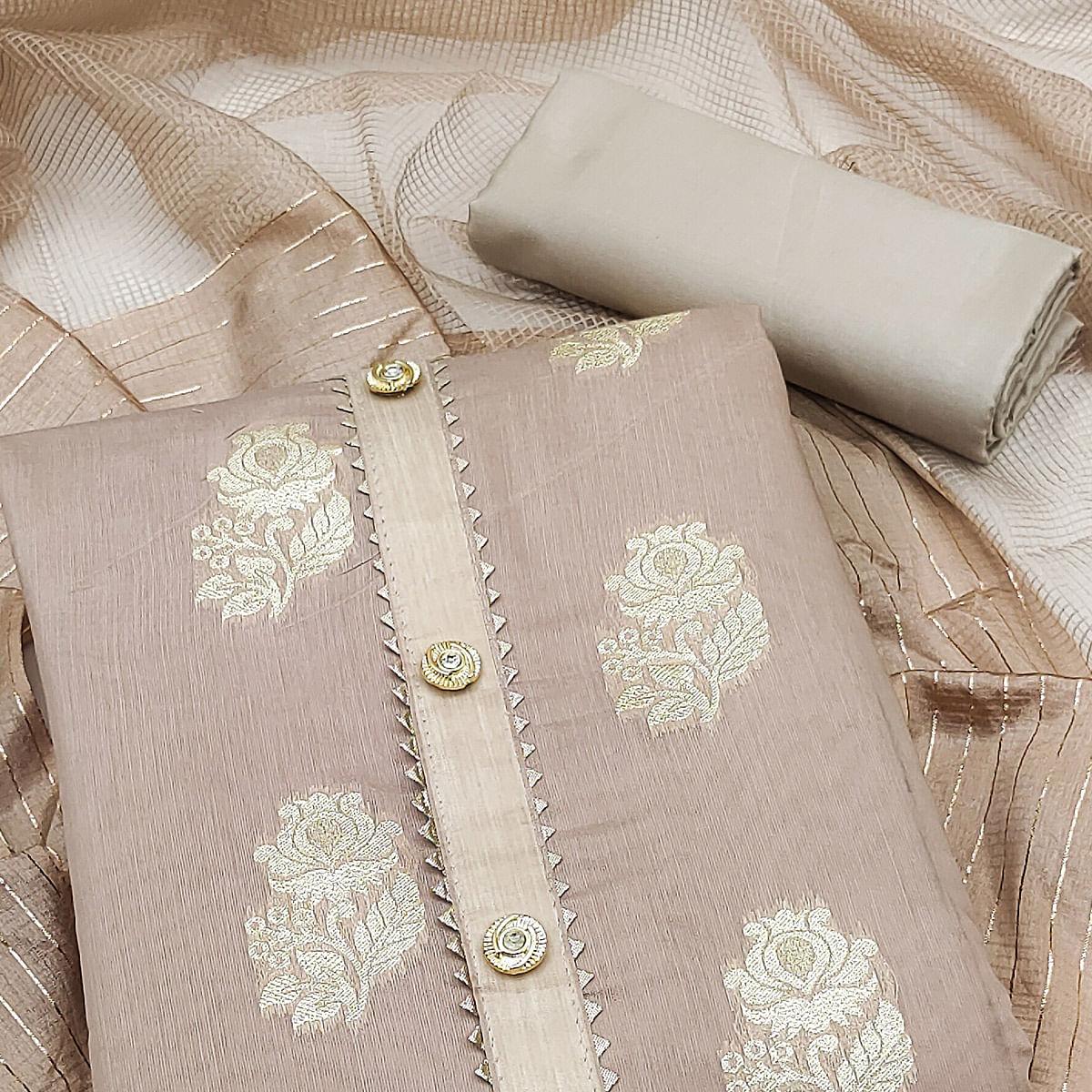 Grey Woven Banarasi Silk Dress Material - Peachmode