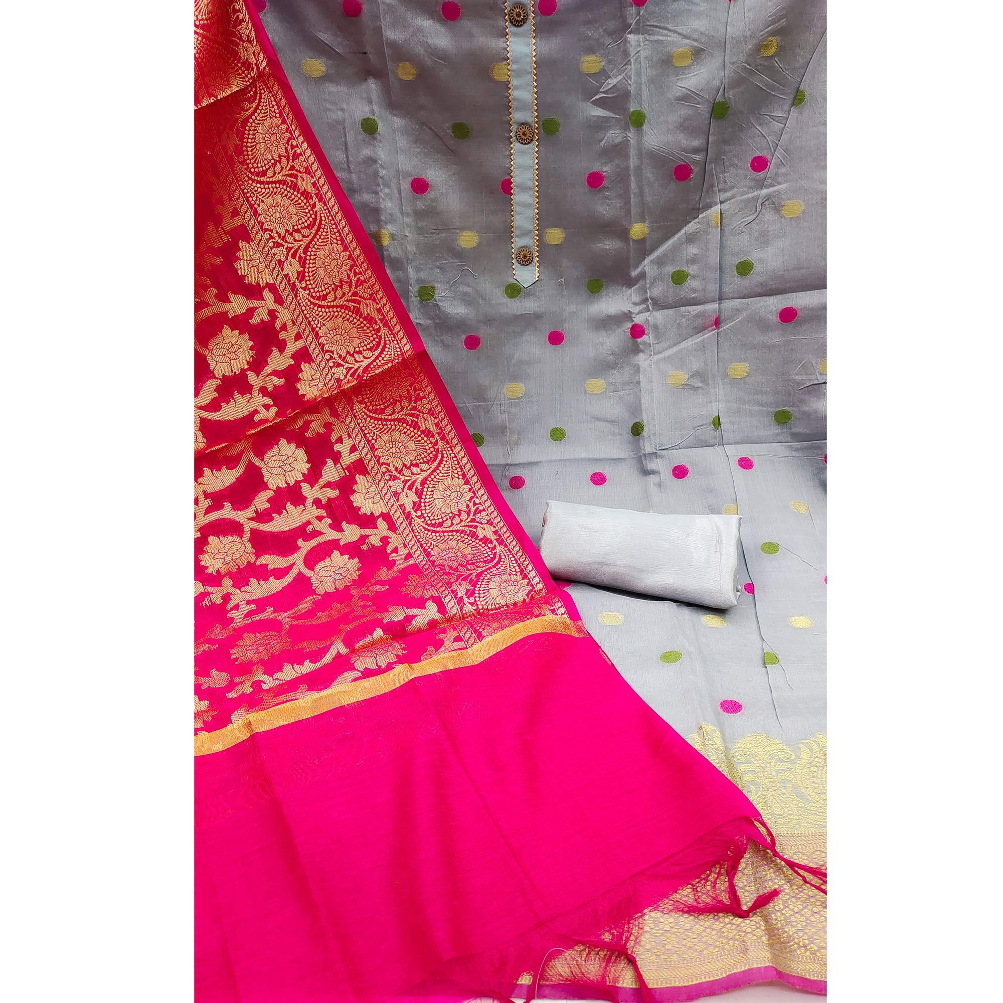 Grey Woven Banarasi Silk Dress Material - Peachmode