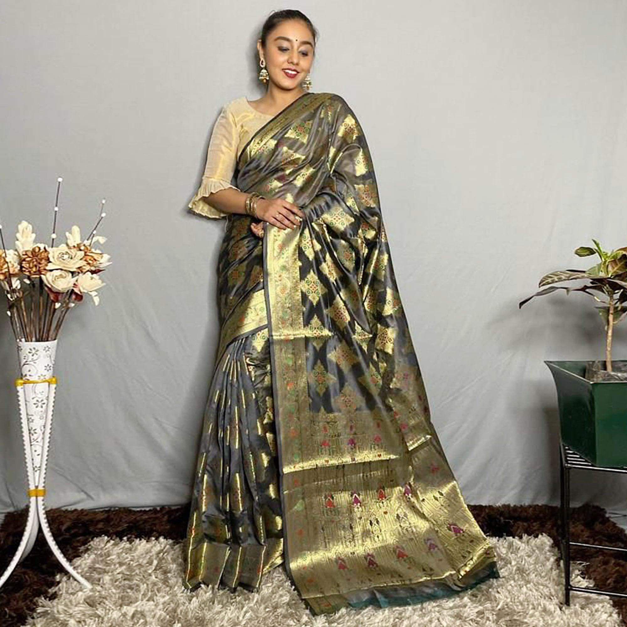 Grey Woven Banarasi Silk Saree - Peachmode