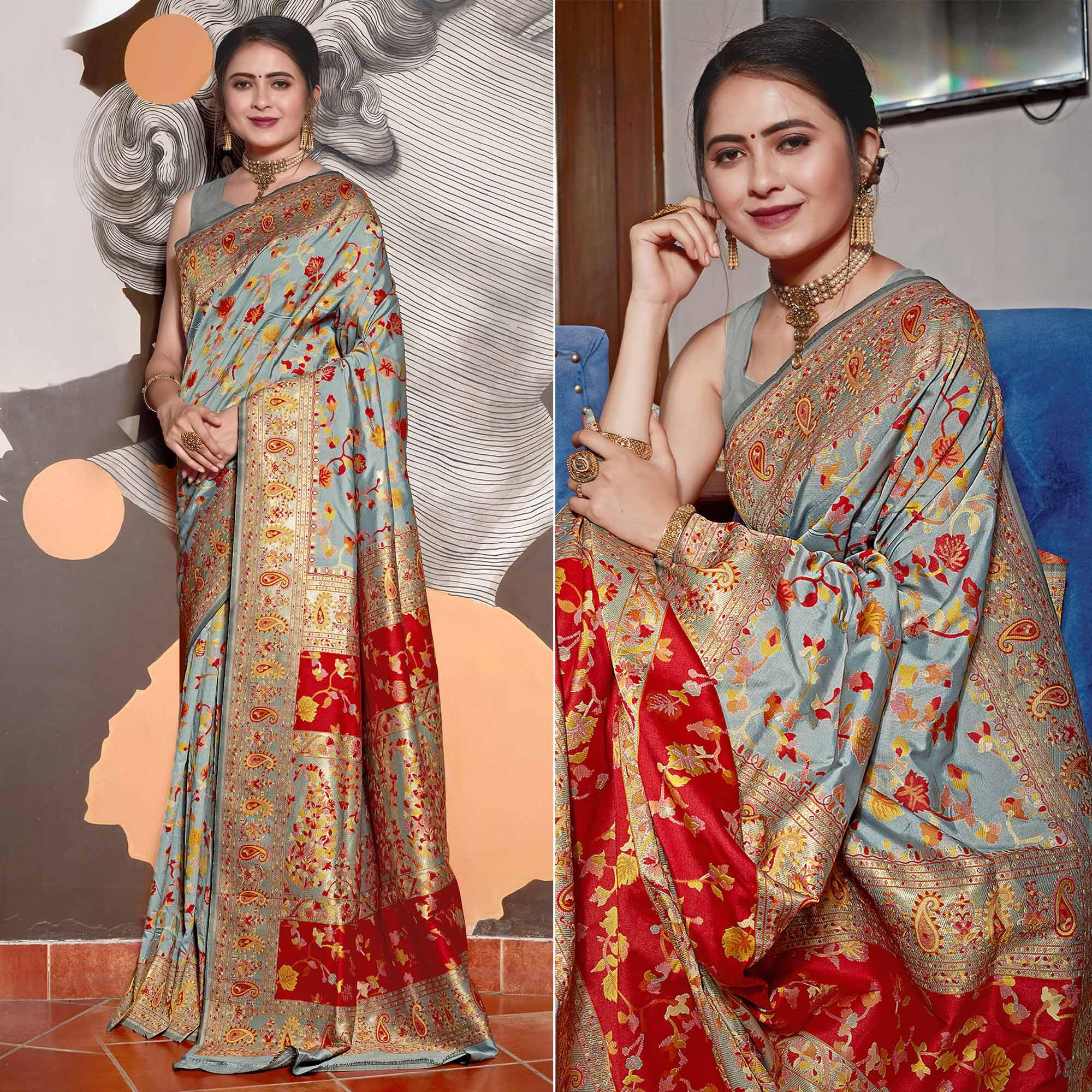 Grey Woven Banarasi Silk Saree - Peachmode
