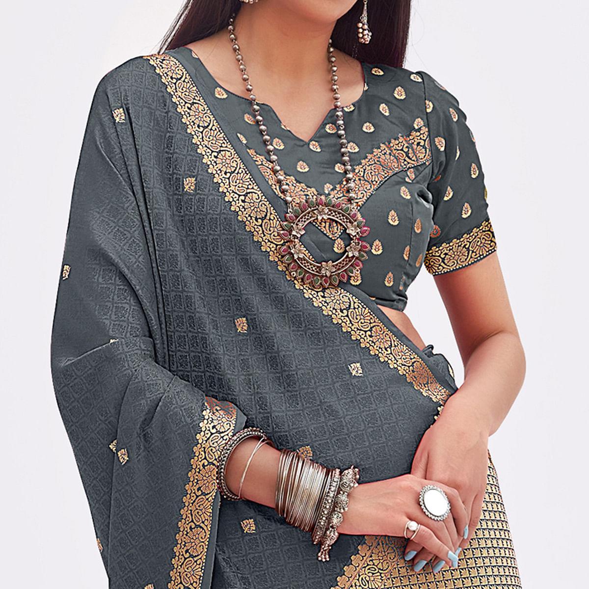 Grey Woven Banarasi Silk Saree - Peachmode