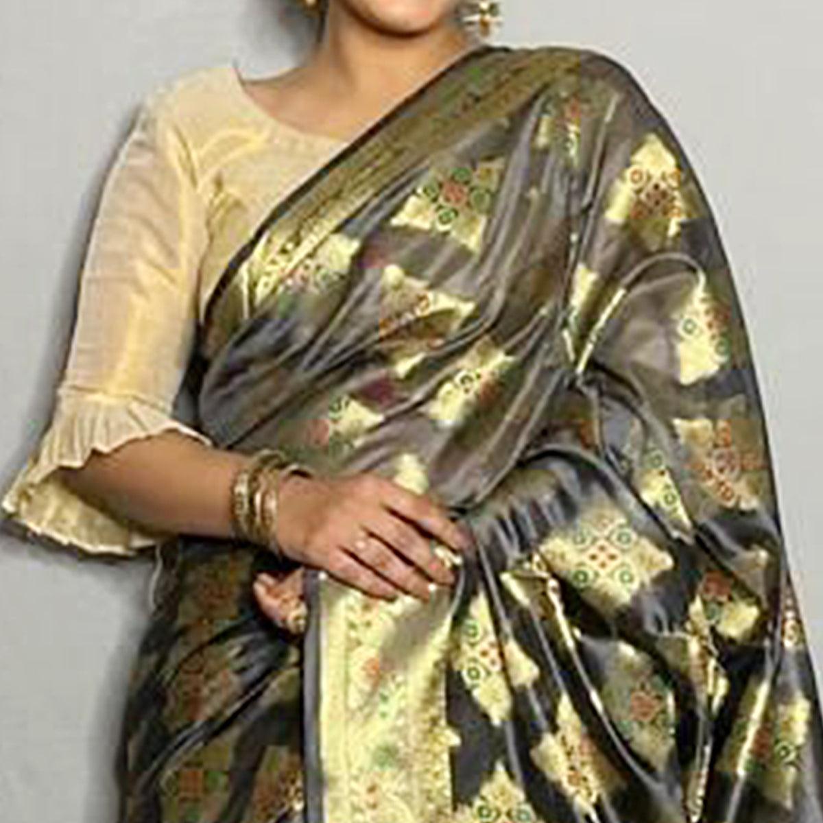Grey Woven Banarasi Silk Saree - Peachmode