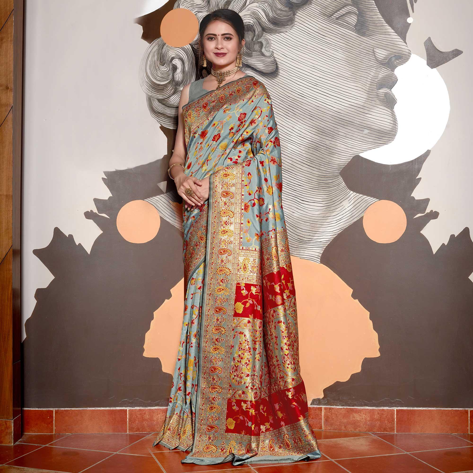 Grey Woven Banarasi Silk Saree - Peachmode