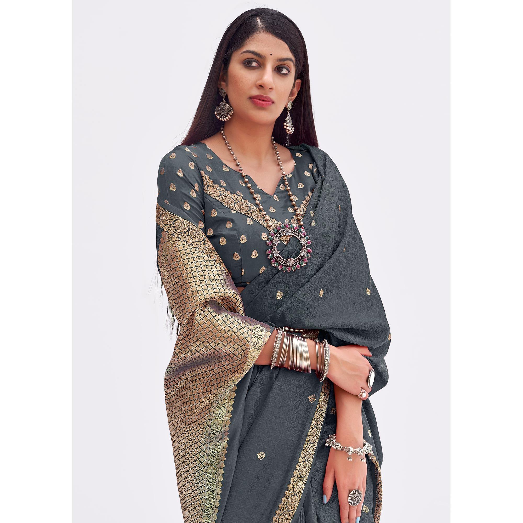 Grey Woven Banarasi Silk Saree - Peachmode