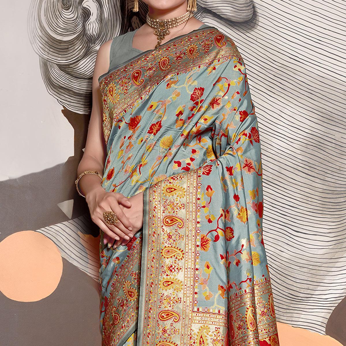 Grey Woven Banarasi Silk Saree - Peachmode