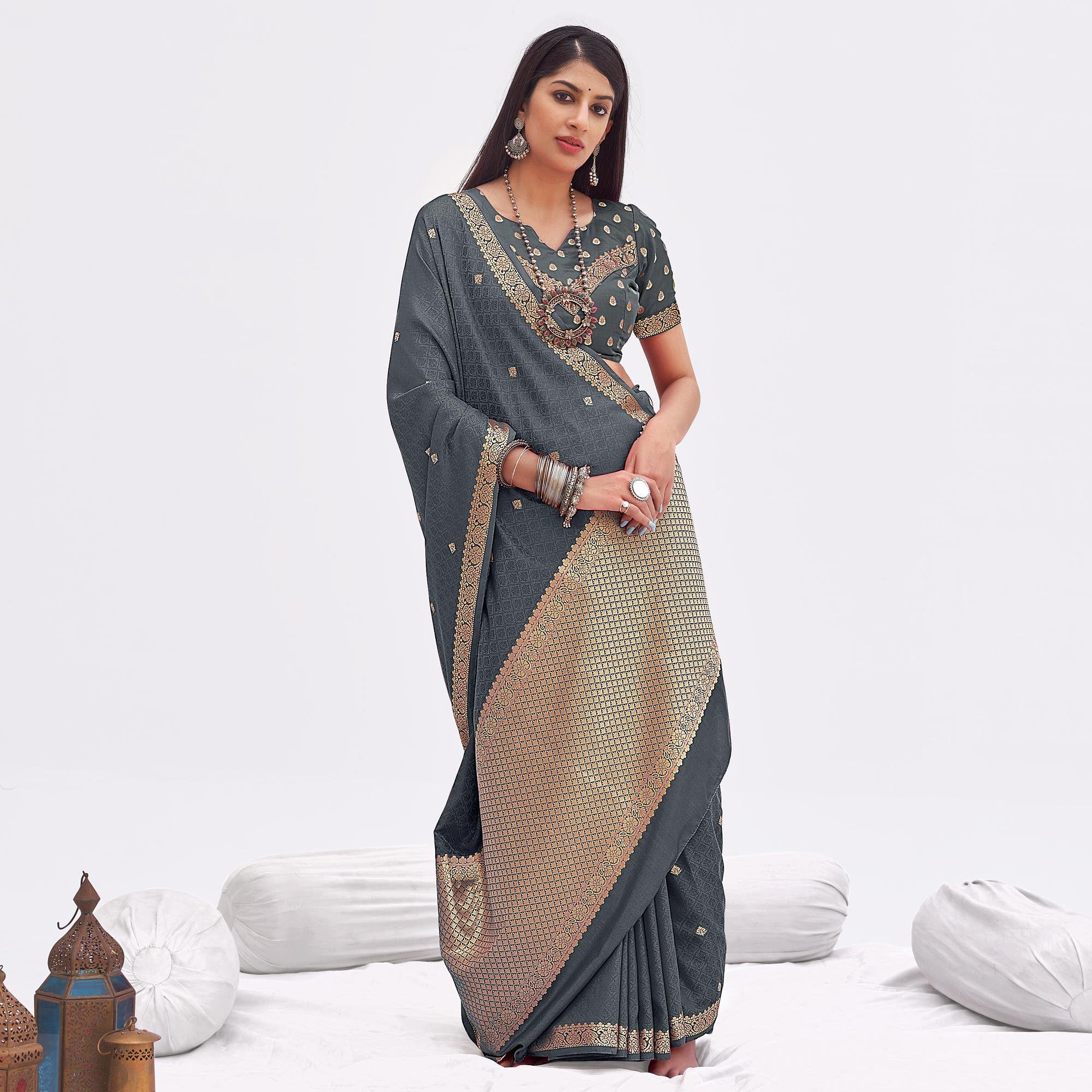 Grey Woven Banarasi Silk Saree - Peachmode