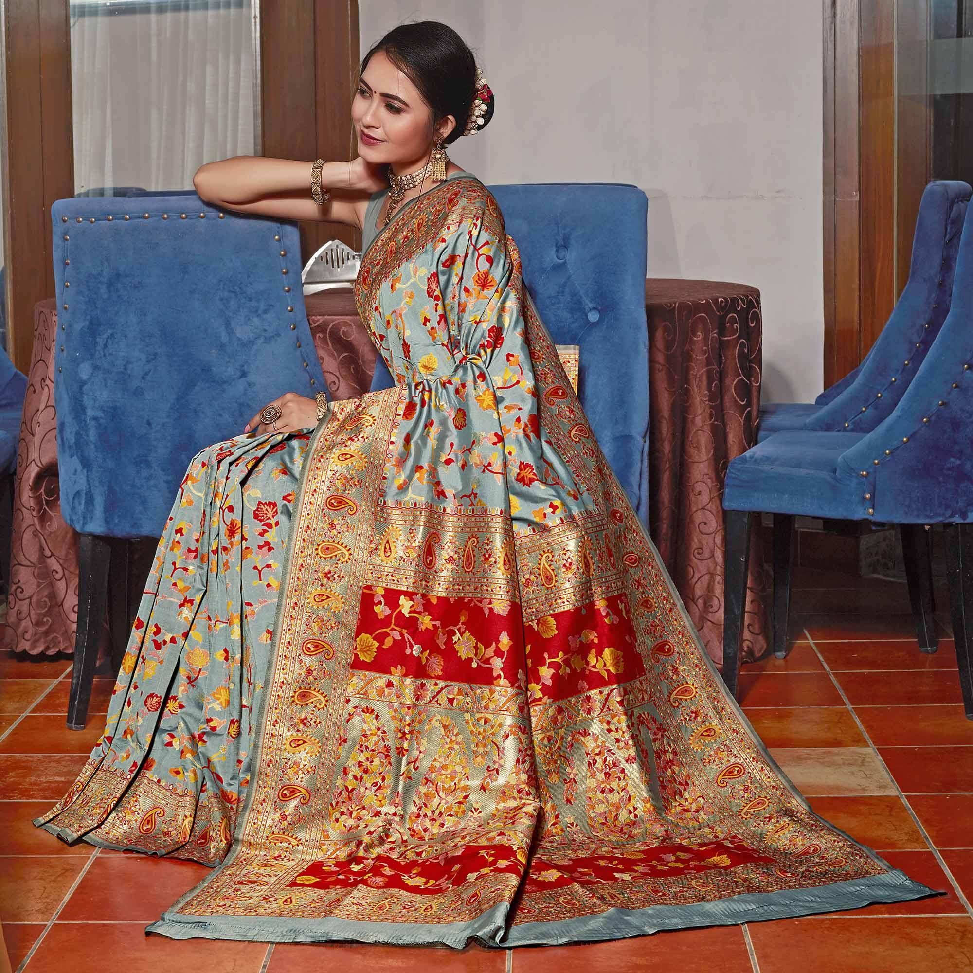 Grey Woven Banarasi Silk Saree - Peachmode