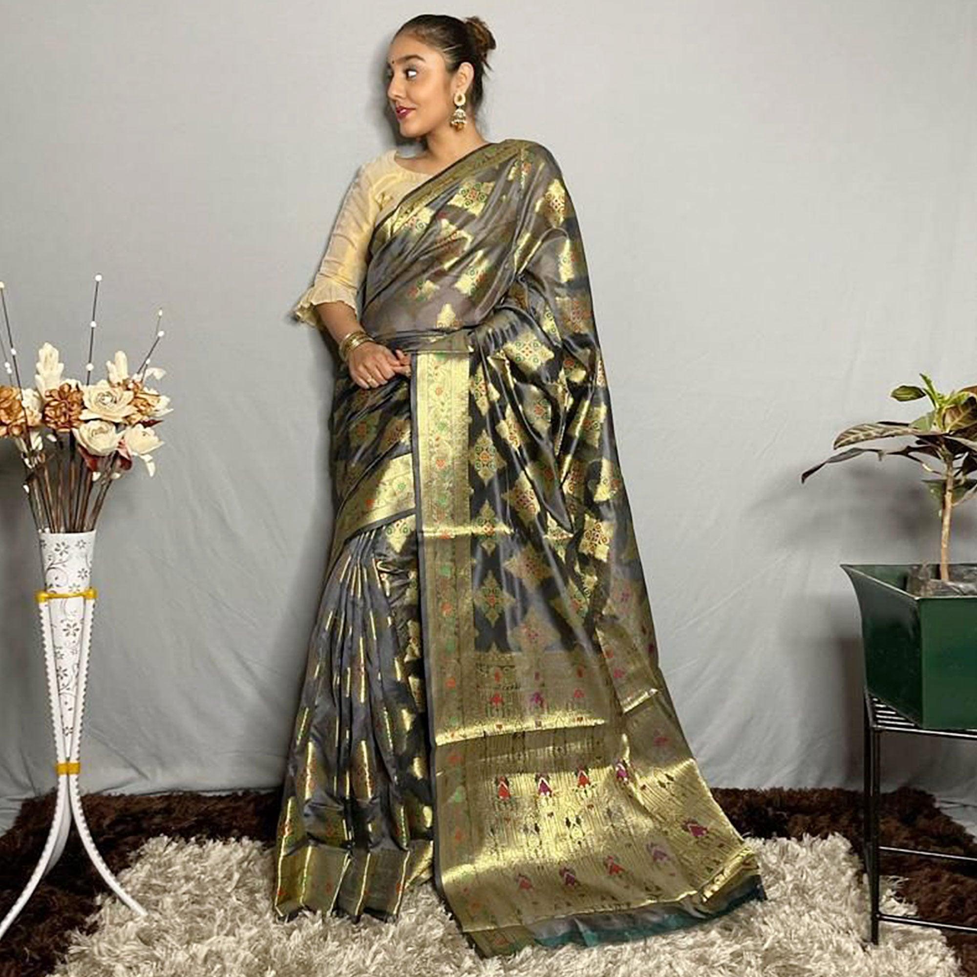 Grey Woven Banarasi Silk Saree - Peachmode