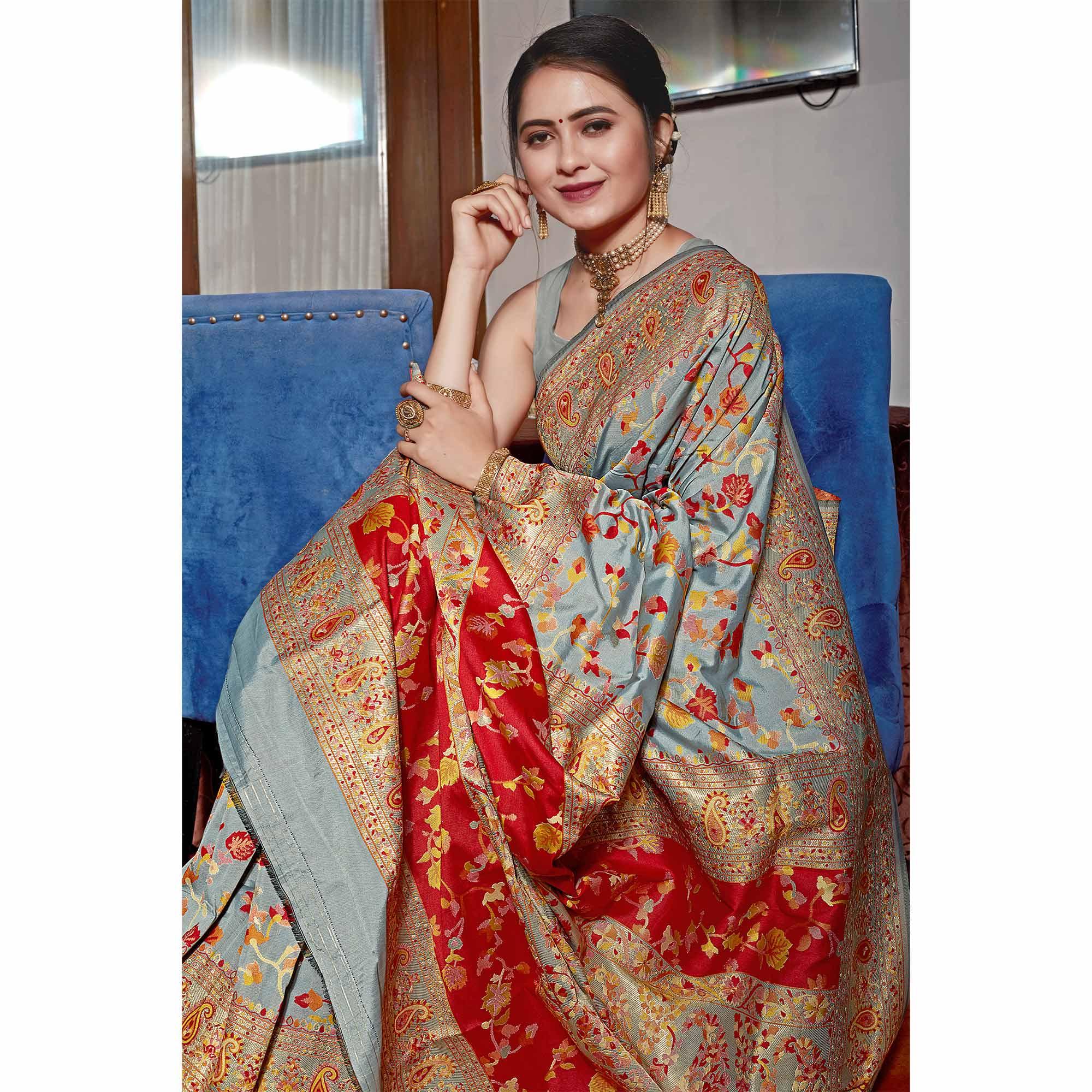 Grey Woven Banarasi Silk Saree - Peachmode