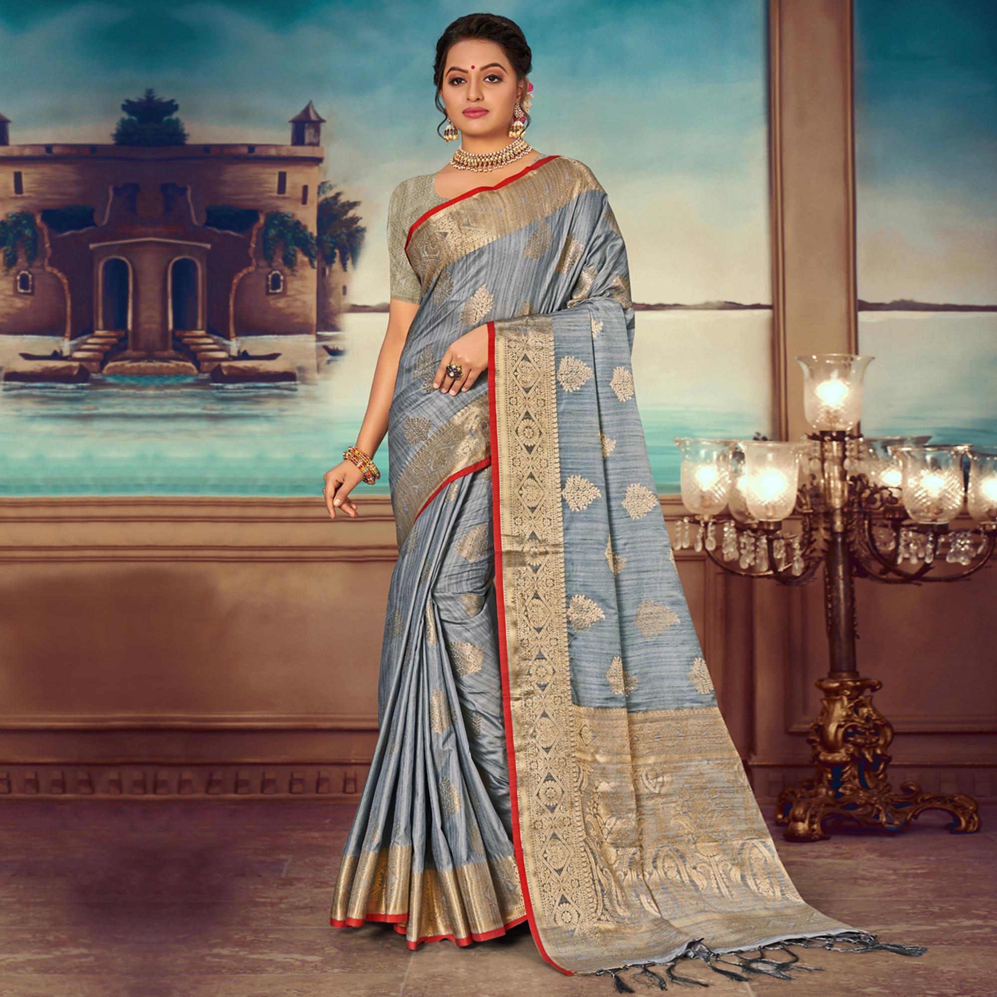 Grey Woven Banarasi Silk Saree With Tassels - Peachmode