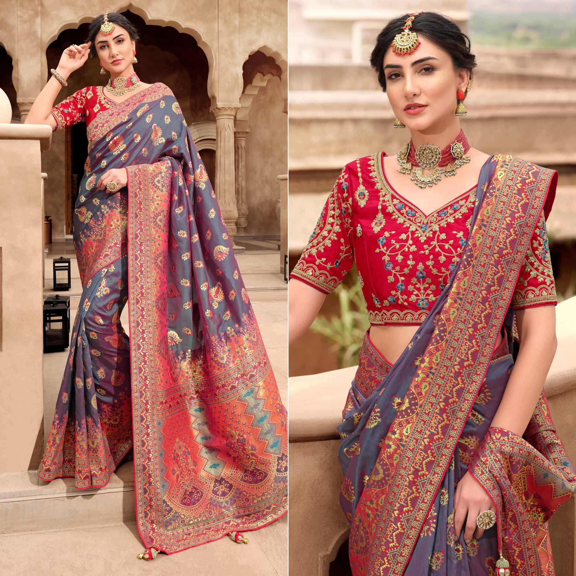 Grey Woven Banarasi Silk Saree With Tassels - Peachmode