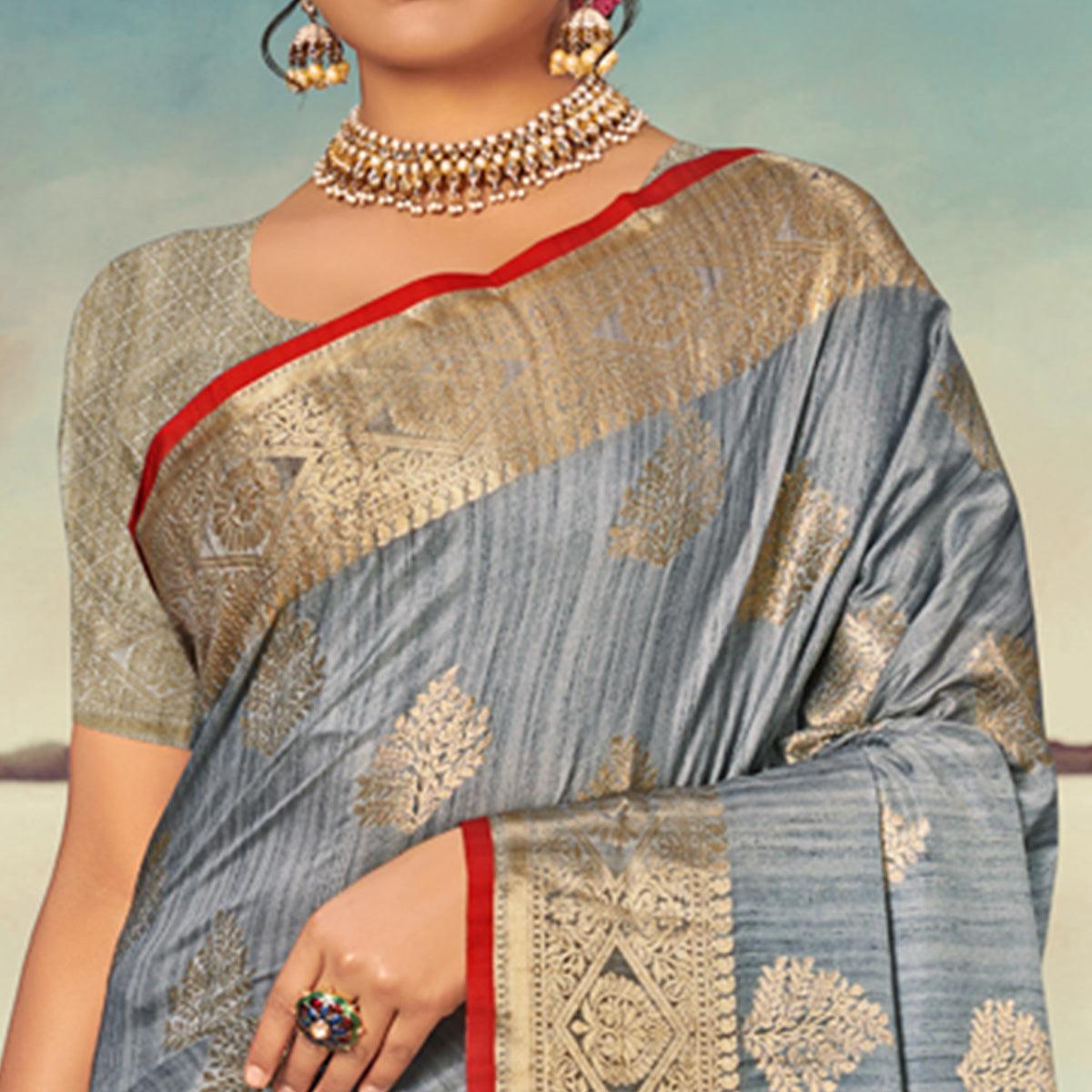 Grey Woven Banarasi Silk Saree With Tassels - Peachmode