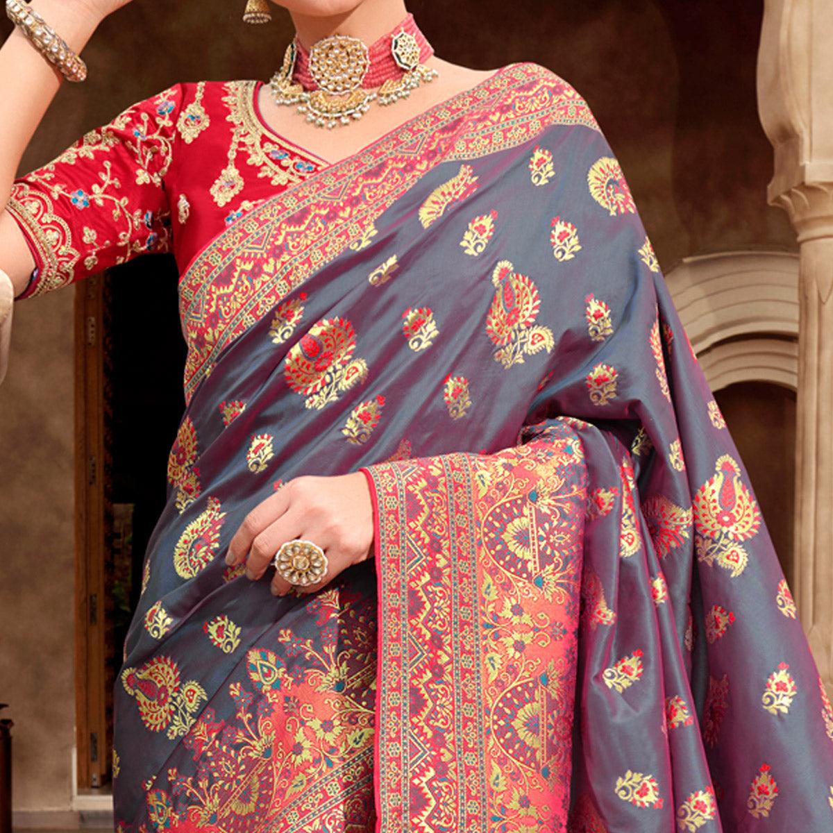 Grey Woven Banarasi Silk Saree With Tassels - Peachmode