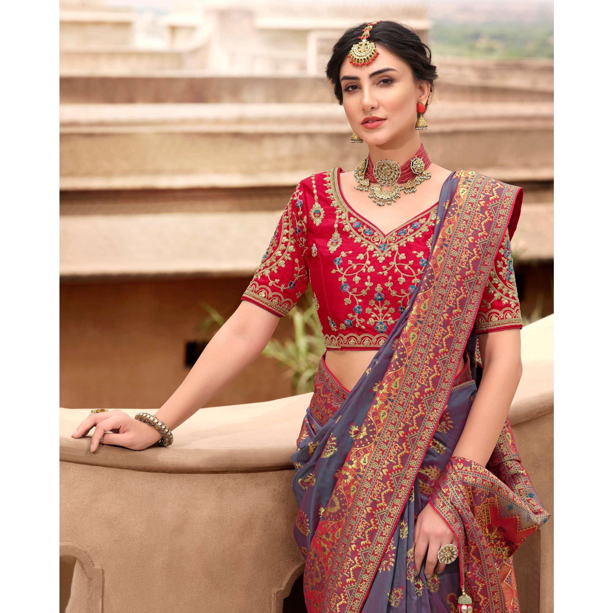 Grey Woven Banarasi Silk Saree With Tassels - Peachmode