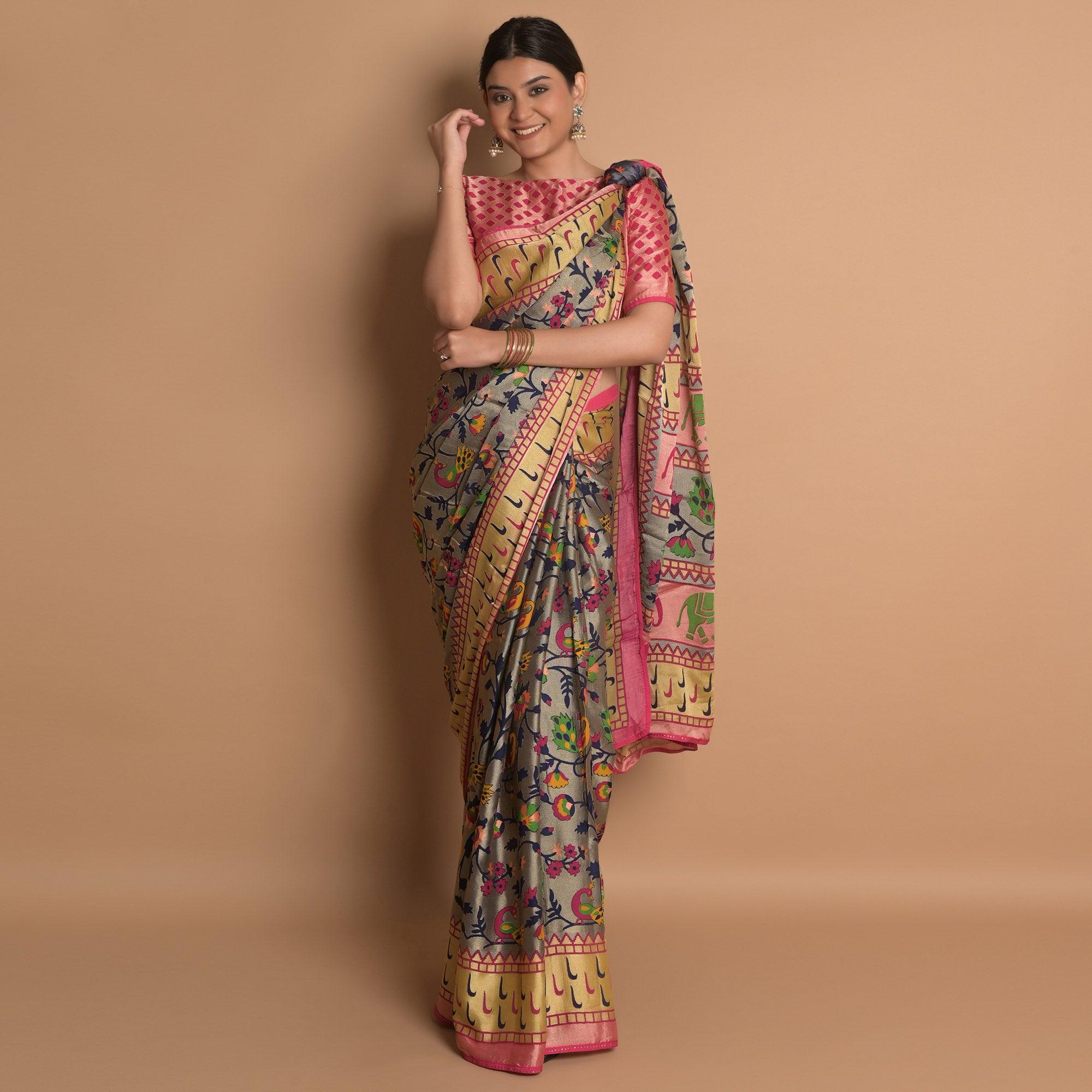 Grey Woven Brasso Saree - Peachmode