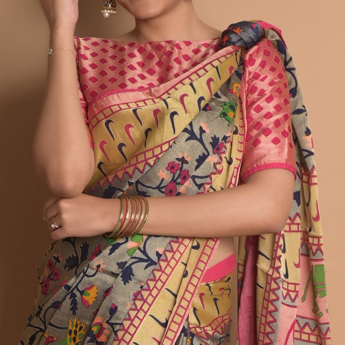 Grey Woven Brasso Saree - Peachmode