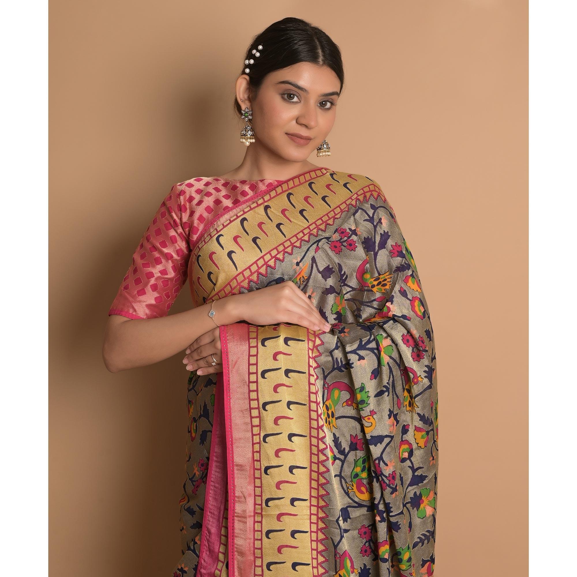 Grey Woven Brasso Saree - Peachmode