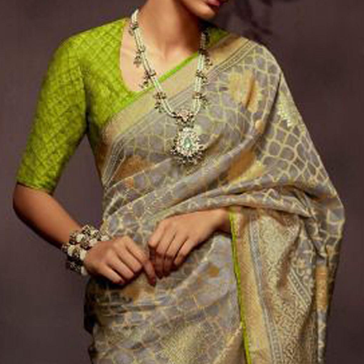 Grey Woven Brasso Saree With Tassels - Peachmode