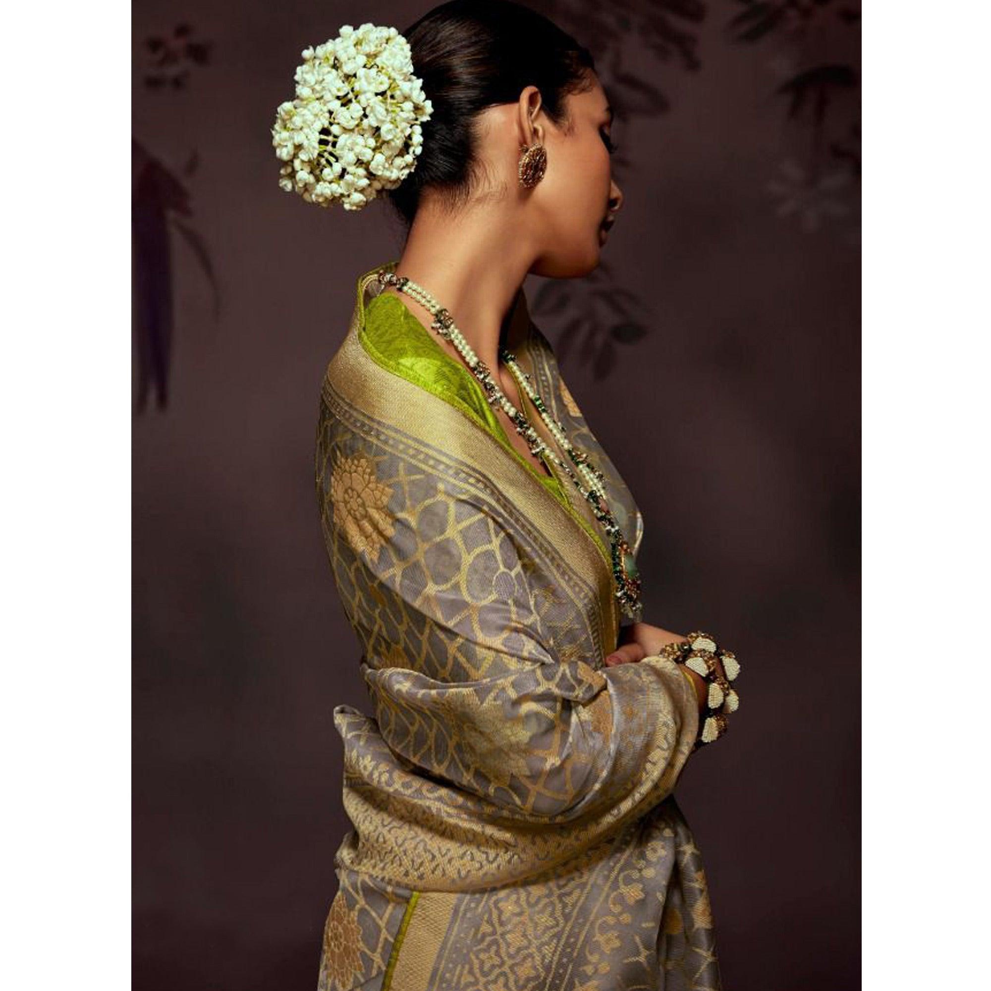 Grey Woven Brasso Saree With Tassels - Peachmode